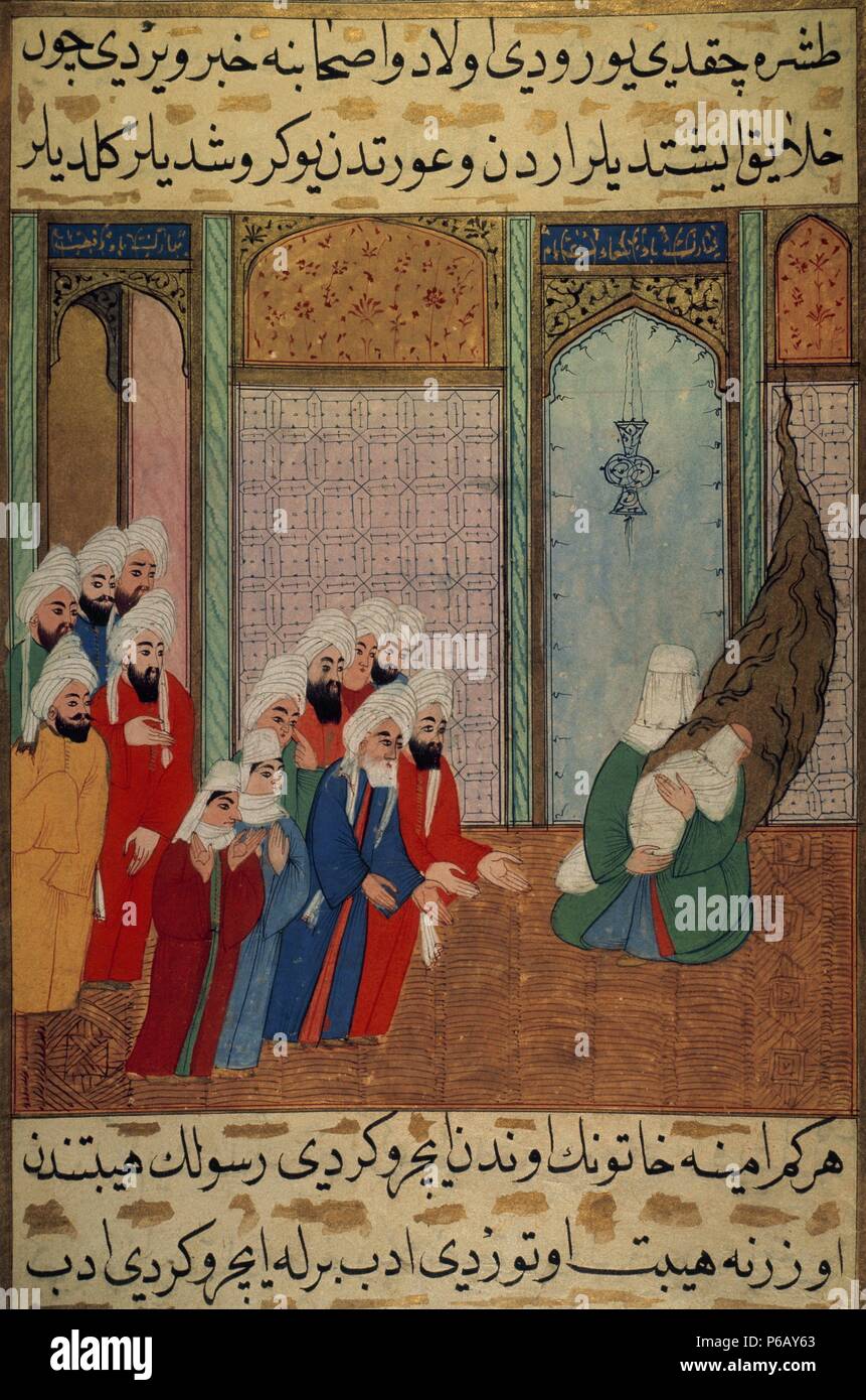 Muhammad (ch. 570-632), du nouveau-né sur les bras de sa mère, montre à son grand-père Abd al-Muttalib et autres habitants de La Mecque. Miniature. Musée Topkapi. Istanbul. La Turquie. Banque D'Images