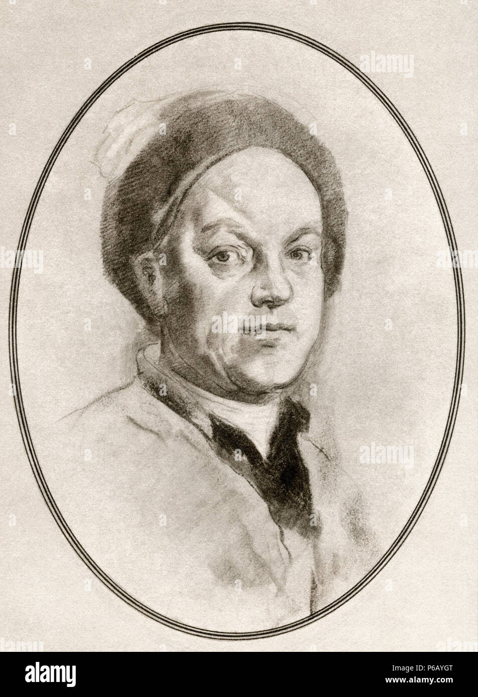 William Hogarth, 1697 - 1764. Anglais, peintre, graveur, image satirique, critique sociale, et caricaturiste. Illustration par Gordon Ross, artiste et illustrateur américain (1873-1946), de vivre des biographies de grands peintres. Banque D'Images