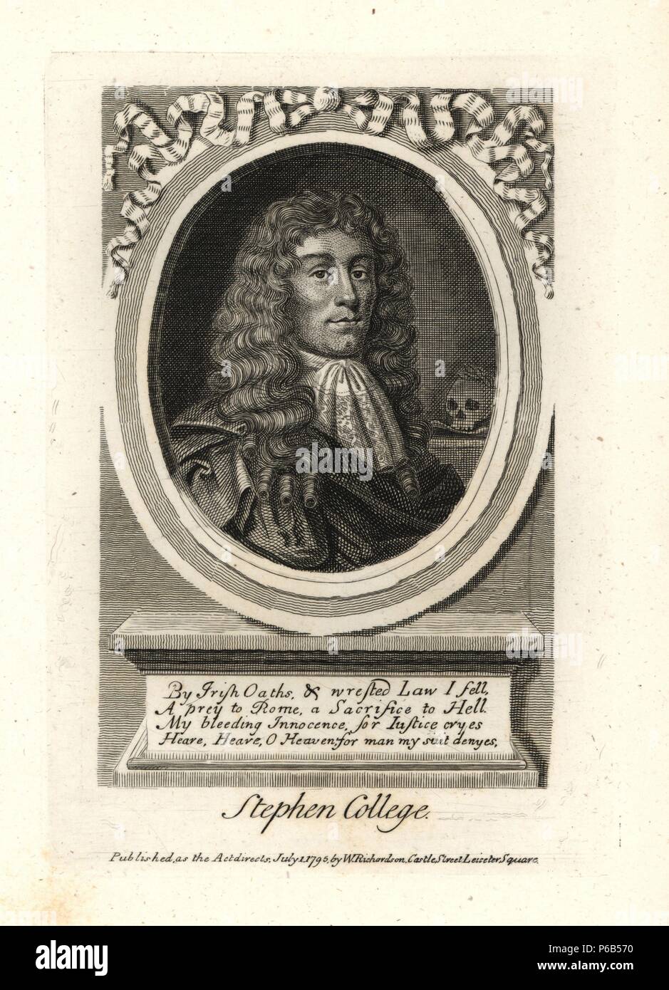 Stephen College, le menuisier protestante. Exécuté 1681, à partir d'une impression rare. La gravure sur cuivre de Richardson's 'portraits illustrant Granger's Biographical History of England, Londres, 1792-1812. Publié par William Richardson, printseller, Londres. James Granger (1723-1776) était un pasteur anglais, biographe, et imprimer collecteur. Banque D'Images