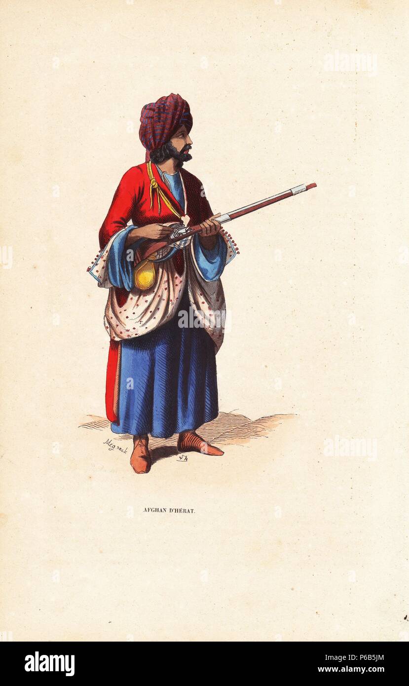 Soldat afghan de Herat en turban, robes, jupes et muni d'un mousquet. Gravure sur bois coloriée par Meganck après une illustration par S.B. de Auguste Wahlen's 'Moeurs, usages et costumes de tous les peuples du monde, l' Librairie Historique-Artistique, Bruxelles, 1845. Wahlen est le pseudonyme de Jean-François-Nicolas Loumyer (1801-1875), un écrivain et archiviste avec le ministère de l'héraldique en Belgique. Banque D'Images