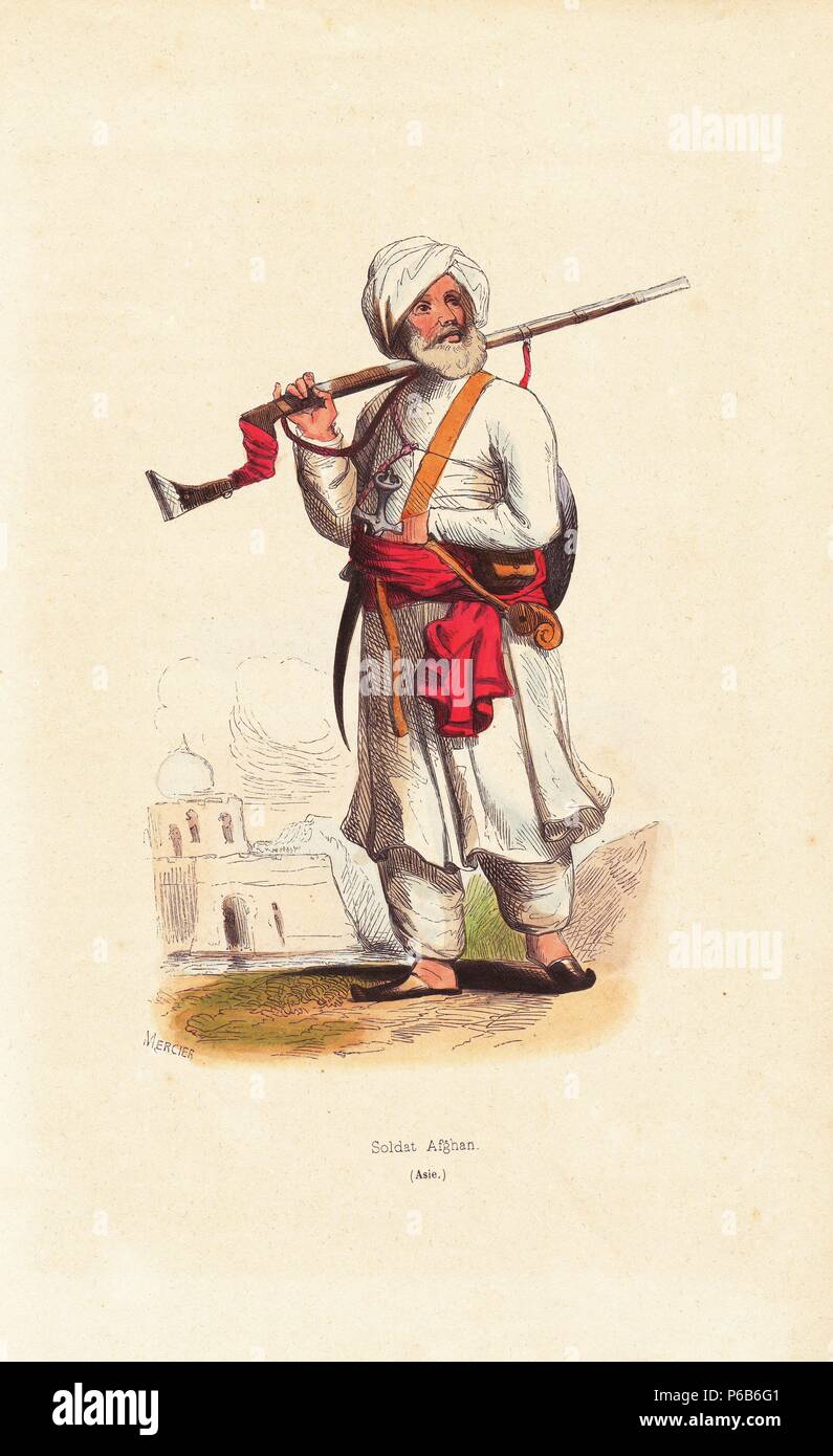 Soldat Afghan portant turban blanc, tunique shalwar kameez, pantalons, chaussons, et muni d'un mousqueton et poignard à sa ceinture. Mosquée de l'arrière-plan. Gravure sur bois coloriée par Mercier de Auguste Wahlen's 'Moeurs, usages et costumes de tous les peuples du monde, l' Librairie Historique-Artistique, Bruxelles, 1845. Wahlen est le pseudonyme de Jean-François-Nicolas Loumyer (1801-1875), un écrivain et archiviste avec le ministère de l'héraldique en Belgique. Banque D'Images