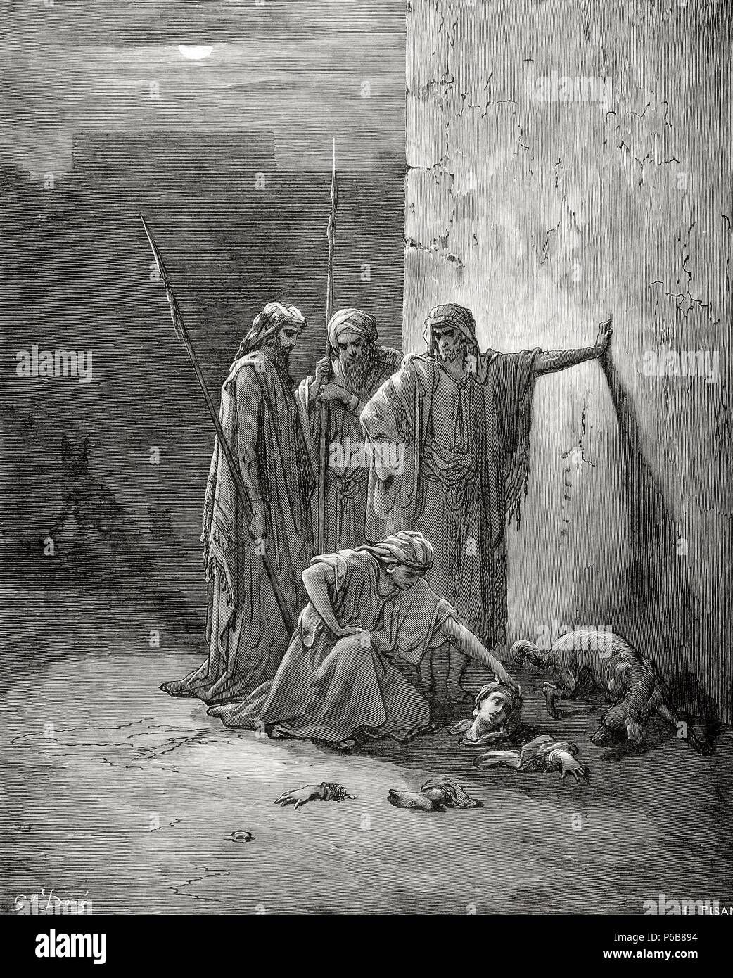 Jéhu. Le roi d'Israël. Les compagnons de Jéhu trouve le cadavre de Jézabel, avec des membres de l'association après avoir été dévorés par les animaux après son assassinat à être précipitée par la fenêtre. Livre des Rois, IV. Chapitre IX. Gustave Dore dessin. Gravure Maurand. Banque D'Images