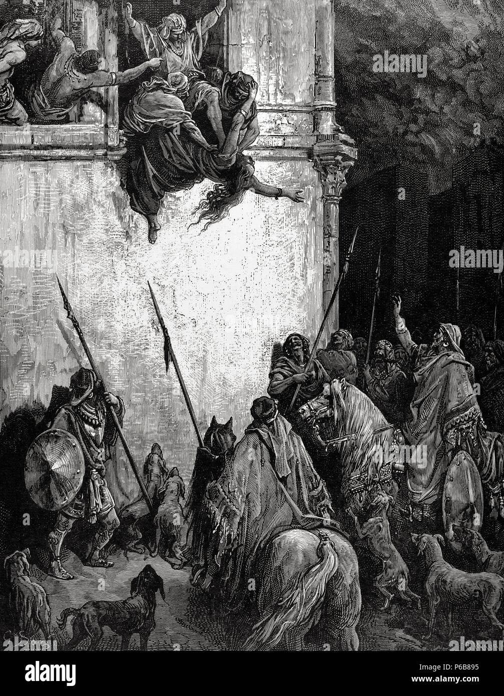 Jéhu. Le roi d'Israël. Assassinat de Jézabel commandé par Jéhu. Livre des Rois, IV. Chapitre IX. Gustave Dore dessin. Gravure Maurand. Banque D'Images