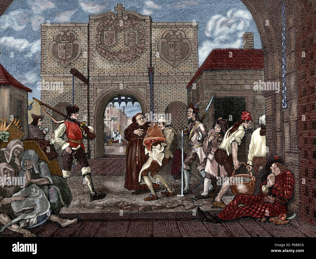 William Hogarth (1697-1764). L'artiste britannique, graveur, illustrateur et peintre satirique. La porte de Calais. Gravure par Hogarth. La gravure. La péninsule ibérique, l'Illustration 1888. De couleur. Banque D'Images