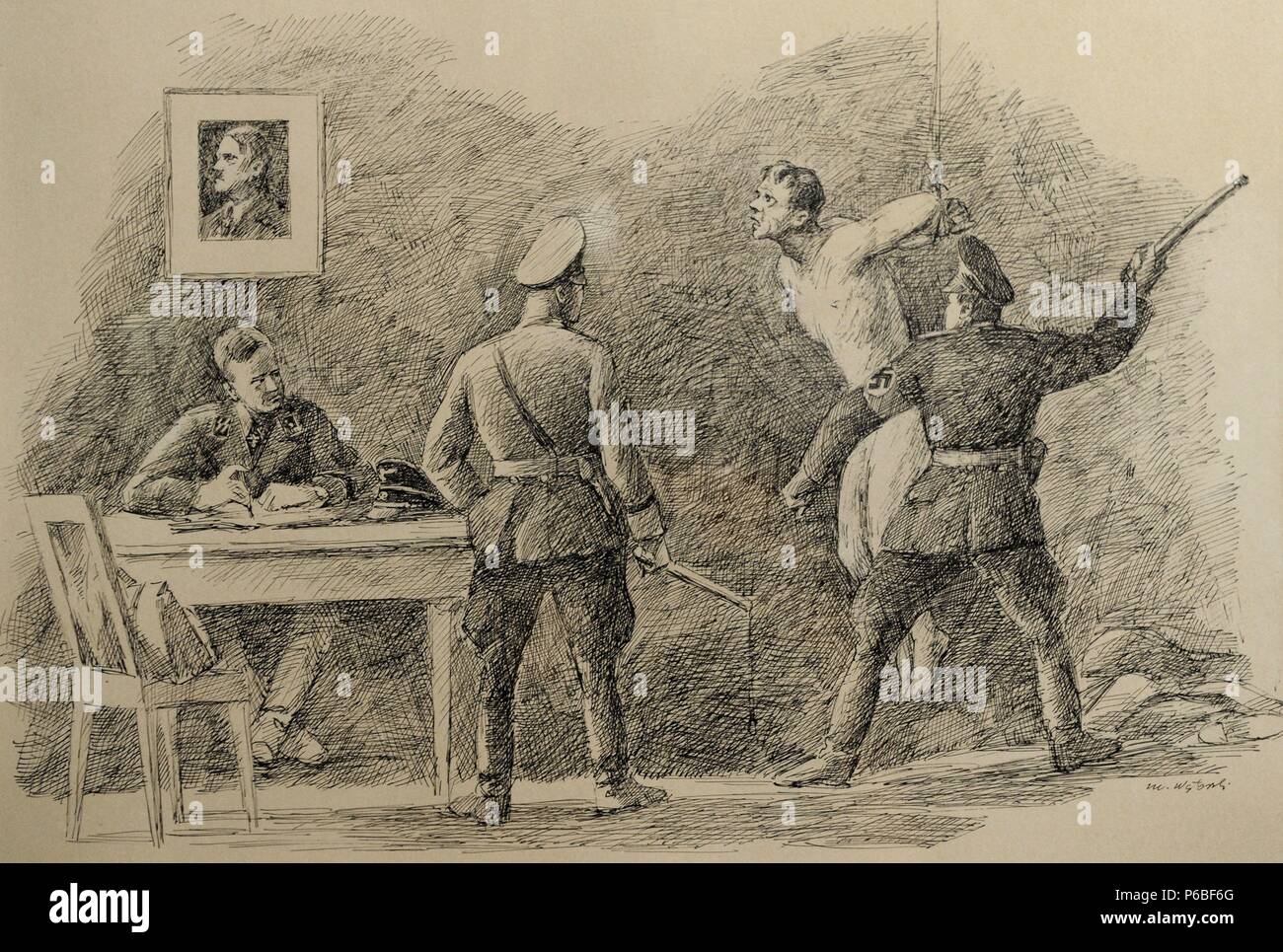 Régime nazi. Prisonnier interrogé par la Gestapo. Dessin de Mieczyslaw Watorski, 1965. Musée de la Gestapo. Cracovie. La Pologne. Banque D'Images