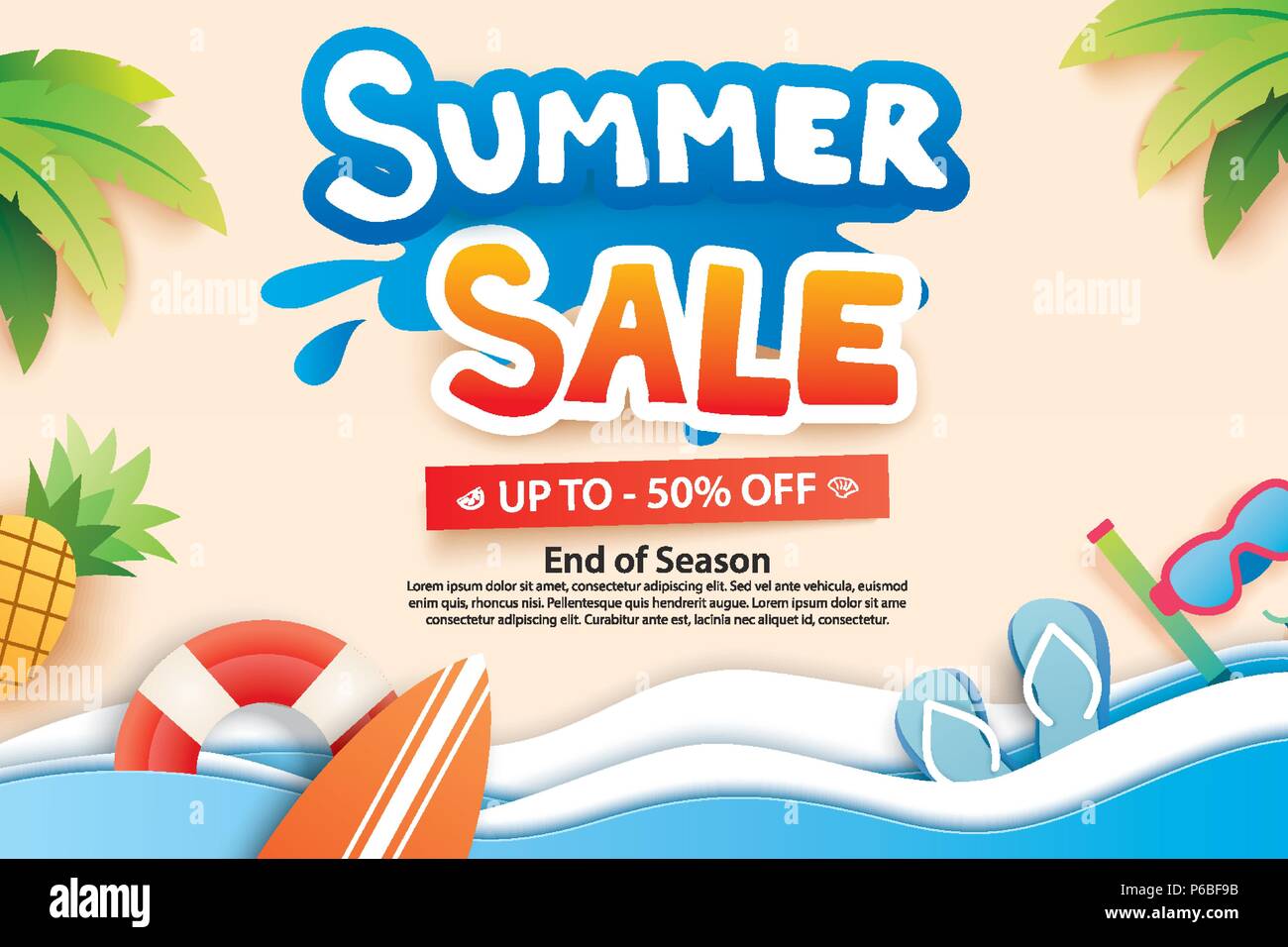 Vente d'été avec symbole et l'icône de papier découpées pour la publicité fond de plage. L'art et l'artisanat traditionnel. Utilisation de l'ads, bannières, affiches, carte, couverture, autocollants, Illustration de Vecteur