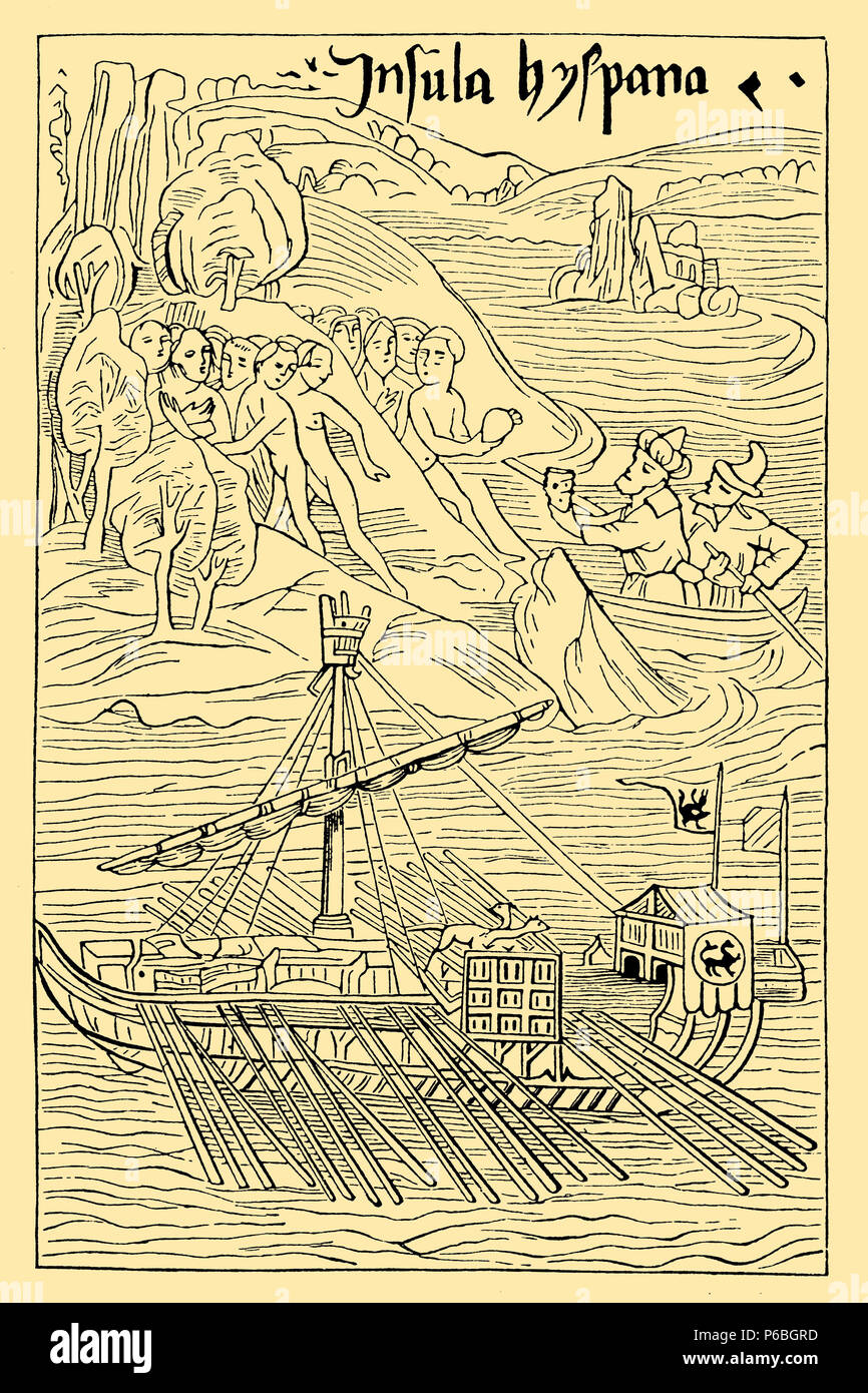 Christophe Colomb débarque sur l'île de Guanahani. Après une représentation espagnole contemporaine, 1902 Banque D'Images