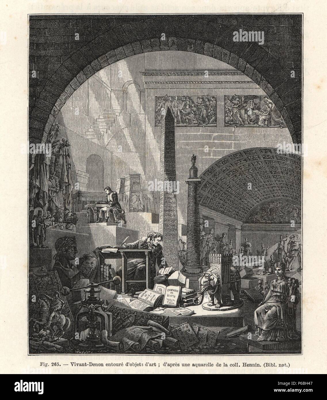 Dominique Vivant, Baron de Denon (1747-1825), travaillant sur la collection pour le musée Napoléon (plus tard le Louvre). Il est assis à un bureau dans une cave pleine d'obélisques, de statues, d'objets d'art, des livres et des papyrus. Gravure de Paul Lacroix's style directoire, Consulat et Empire,' Paris, 1884. Banque D'Images
