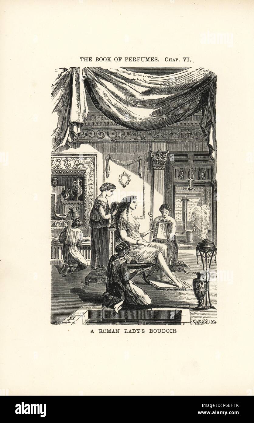 Un roman lady's boudoir - esclaves (cosmetae) tenir un miroir, s'habiller ses cheveux et tenir les plateaux de maquillage et les baumes. Gravure sur bois Gravure de Gabry de Eugene Rimmel's le livre des parfums, Londres, Chapman et Hall, 1865. Banque D'Images