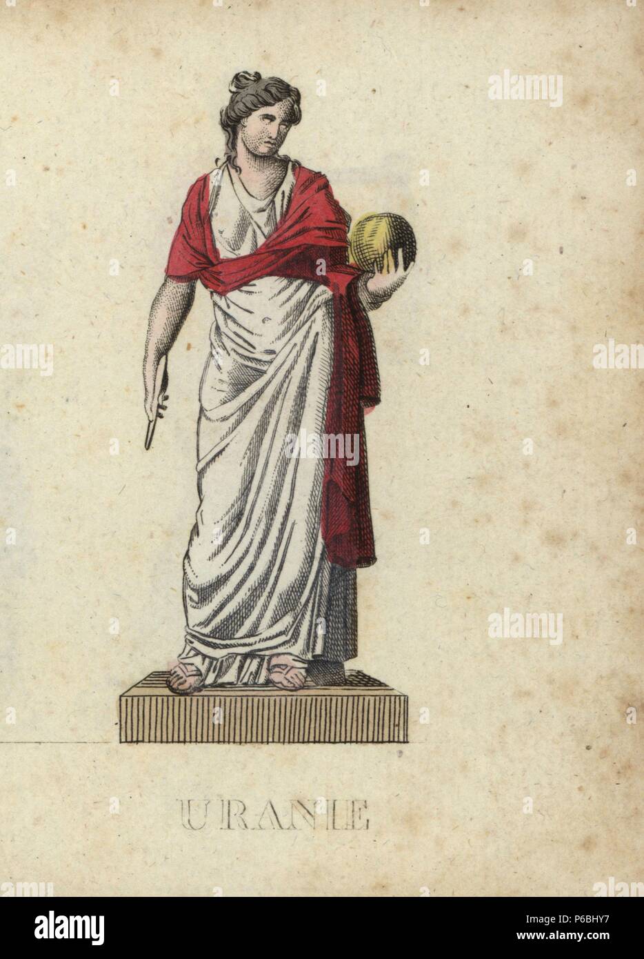 Uranie, muse de l'astronomie Grecque, avec globe et boussole. Coloriée