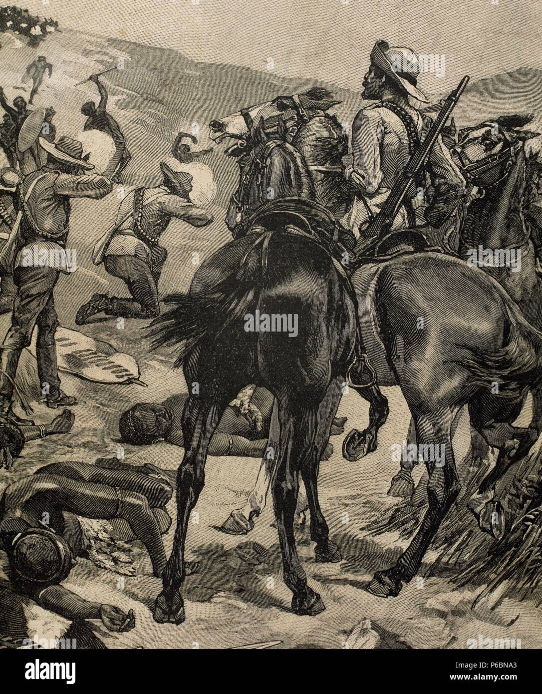 Anglo-Zulu War. Battus en 1879 entre l'Empire britannique et le royaume zoulou. Gravure de Jean-Baptiste. La Ilustracion Iberica, 1898. Banque D'Images