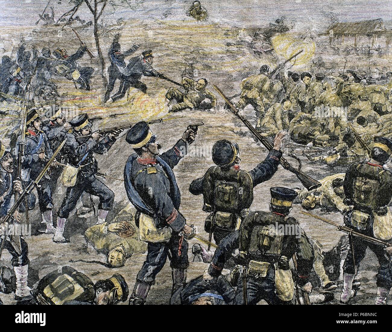 Première guerre sino-japonaise (1894-1895). Bataille de Ping-Yang (15 septembre 1894). Les Japonais prennent une position chinoise. Gravure en couleur. Banque D'Images