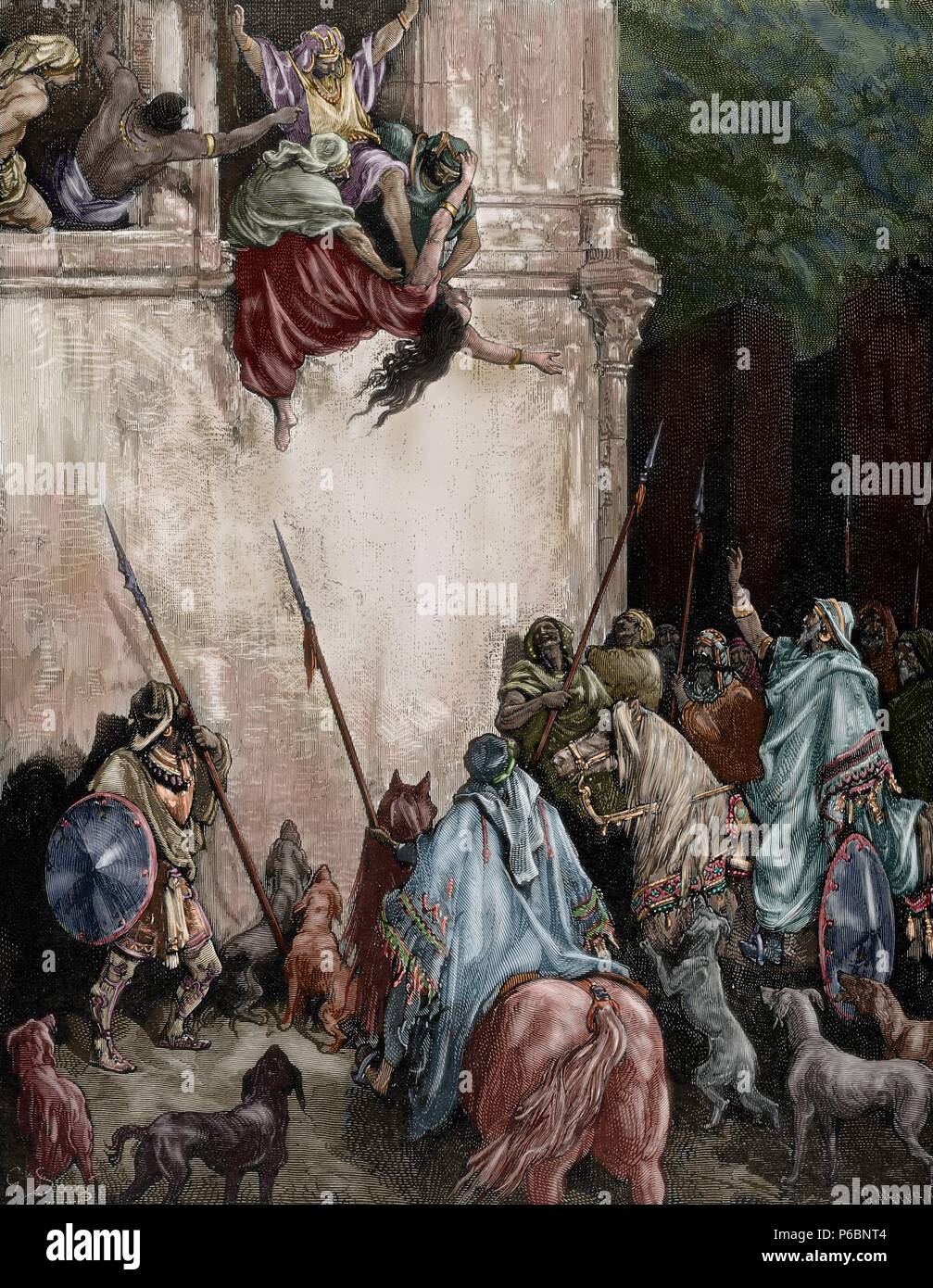 Jéhu. Le roi d'Israël. Assassinat de Jézabel commandé par Jéhu. Livre des Rois, IV. Chapitre IX. Gustave Dore dessin. Gravure Maurand. De couleur. Banque D'Images