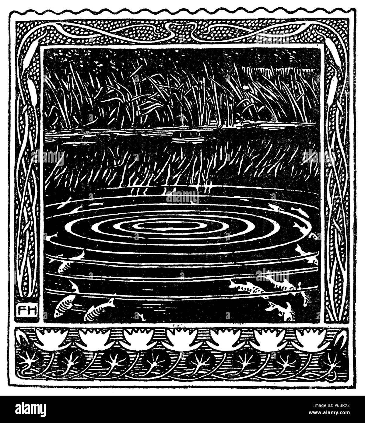 Des éléments art déco décoration typographique début '900 : vignette encadrée nature stylisée avec des plantes aquatiques poissons et l'eau comme bannière, frontière, modèle, étiquette et décoration chapitre Banque D'Images