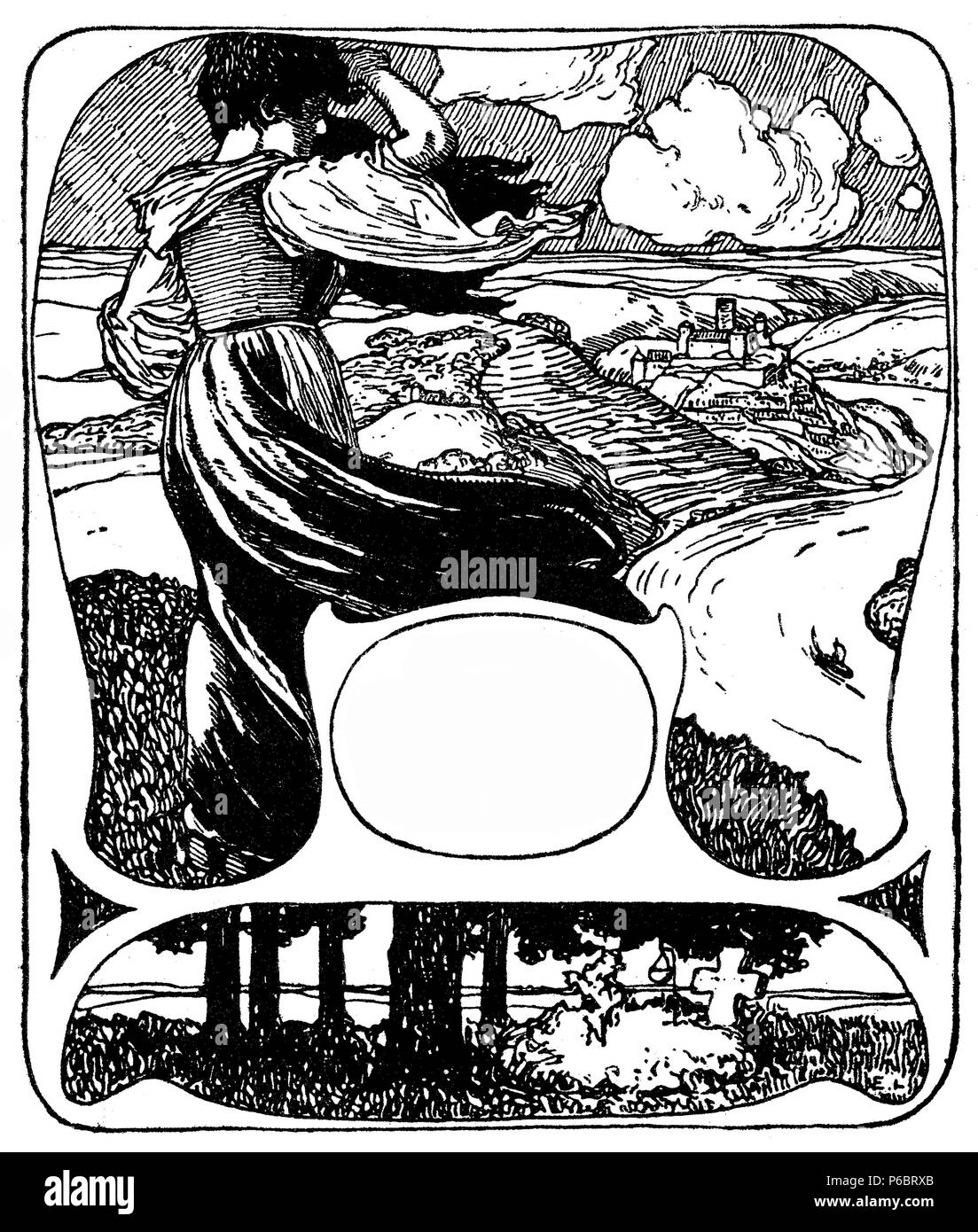 Des éléments art déco décoration typographique début '900 : châssis avec copyspace ronde décorée d'une jeune fille regardant un paysage stylisé et un tombeau avec croix comme bannière, border, gabarit, vignette et décoration chapitre Banque D'Images