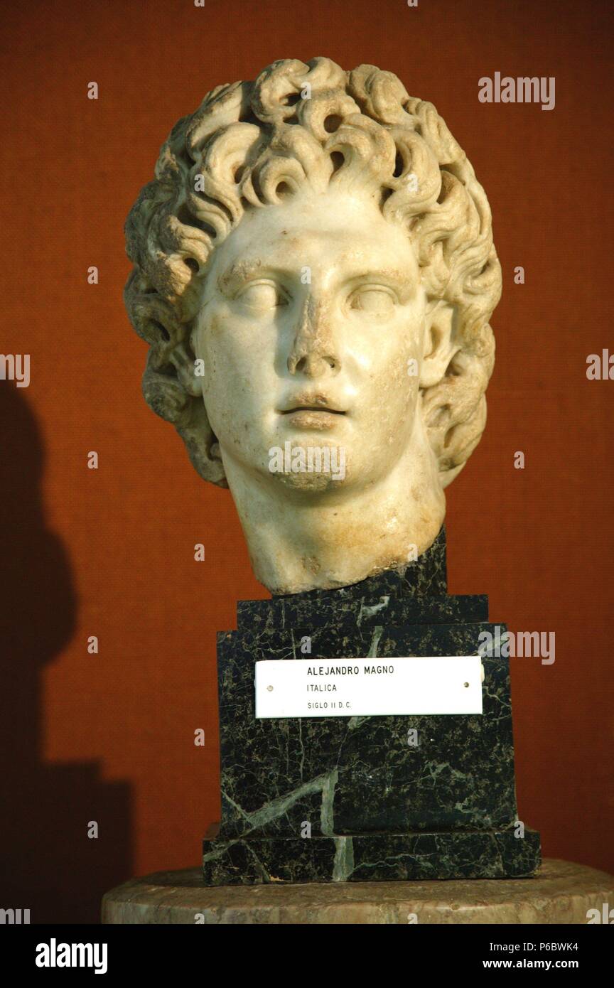 ALEJANDRO MAGNO. REY DE MACÉDOINE. 356-323. ARTE ROMANO. CABEZA DE MARMOL. SIGLO II DC. MUSEO ARQUEOLOGICO. SEVILLA. PROCEDENTE DE ITALICA. Banque D'Images