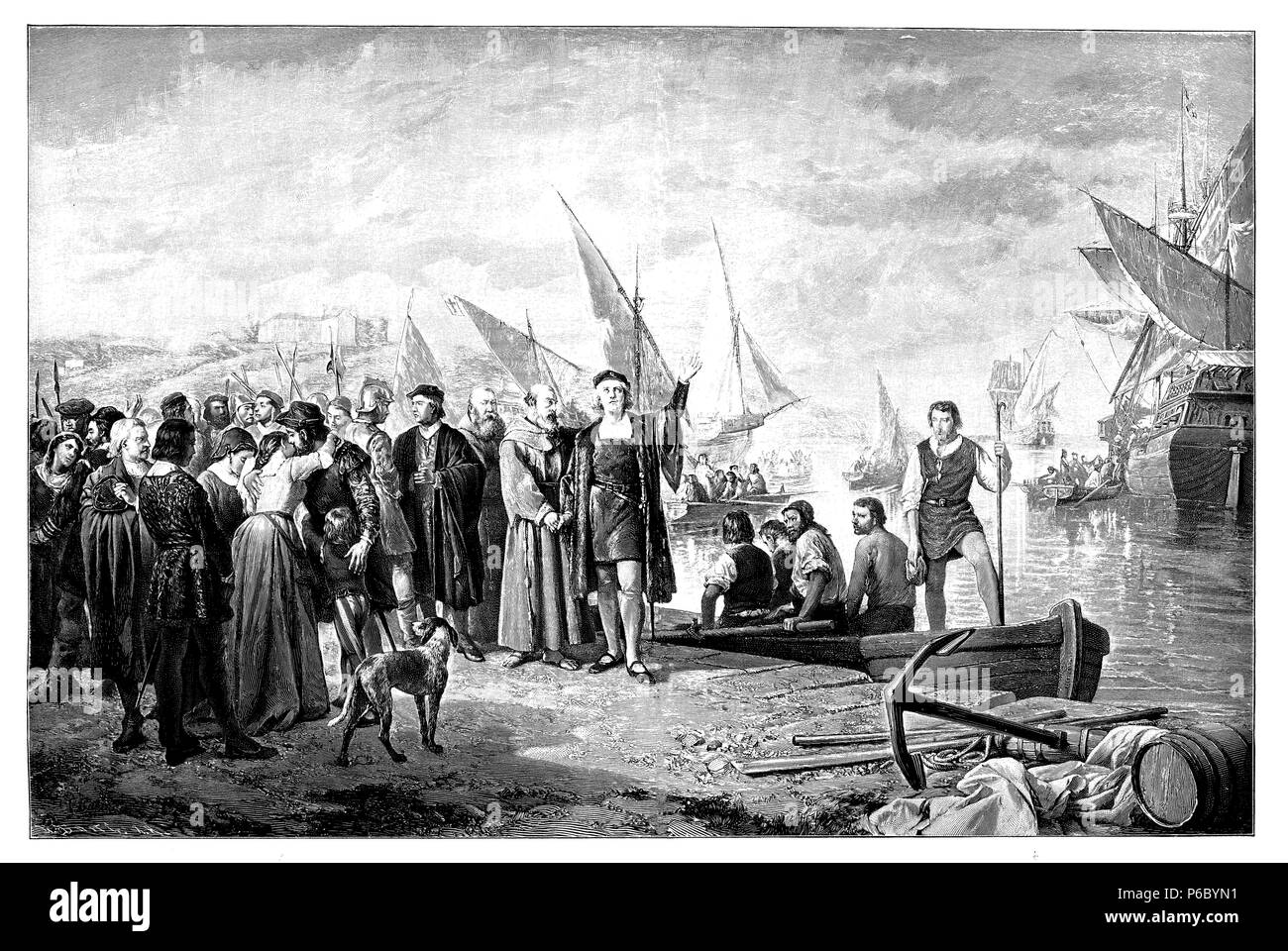 Christophe Colomb est le 3 août 1492 dans le port de Palos à bord de son navire. D'après une peinture par Ricardo Balaca dans le musée de La Plata, 1902 Banque D'Images
