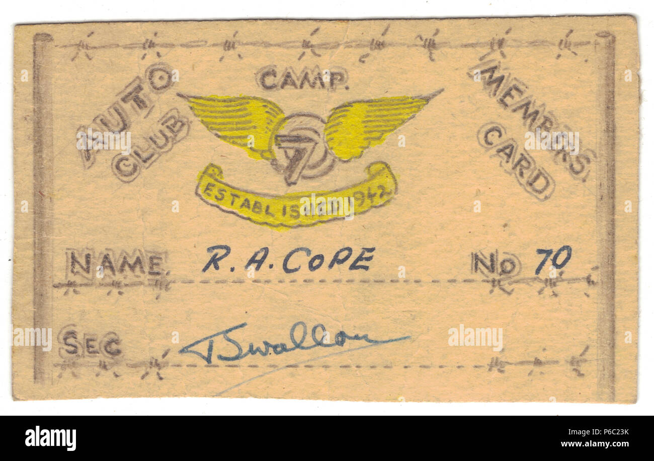 Carte de membre à l'Automobile Club, formé dans les camps de prisonniers de guerre par la POE et fondée par Tom avaler, il est devenu plus tard le volant Club, également connu sous le nom de Muhlberg Motor Club 1944 - 1945, le Stalag IV-B Banque D'Images
