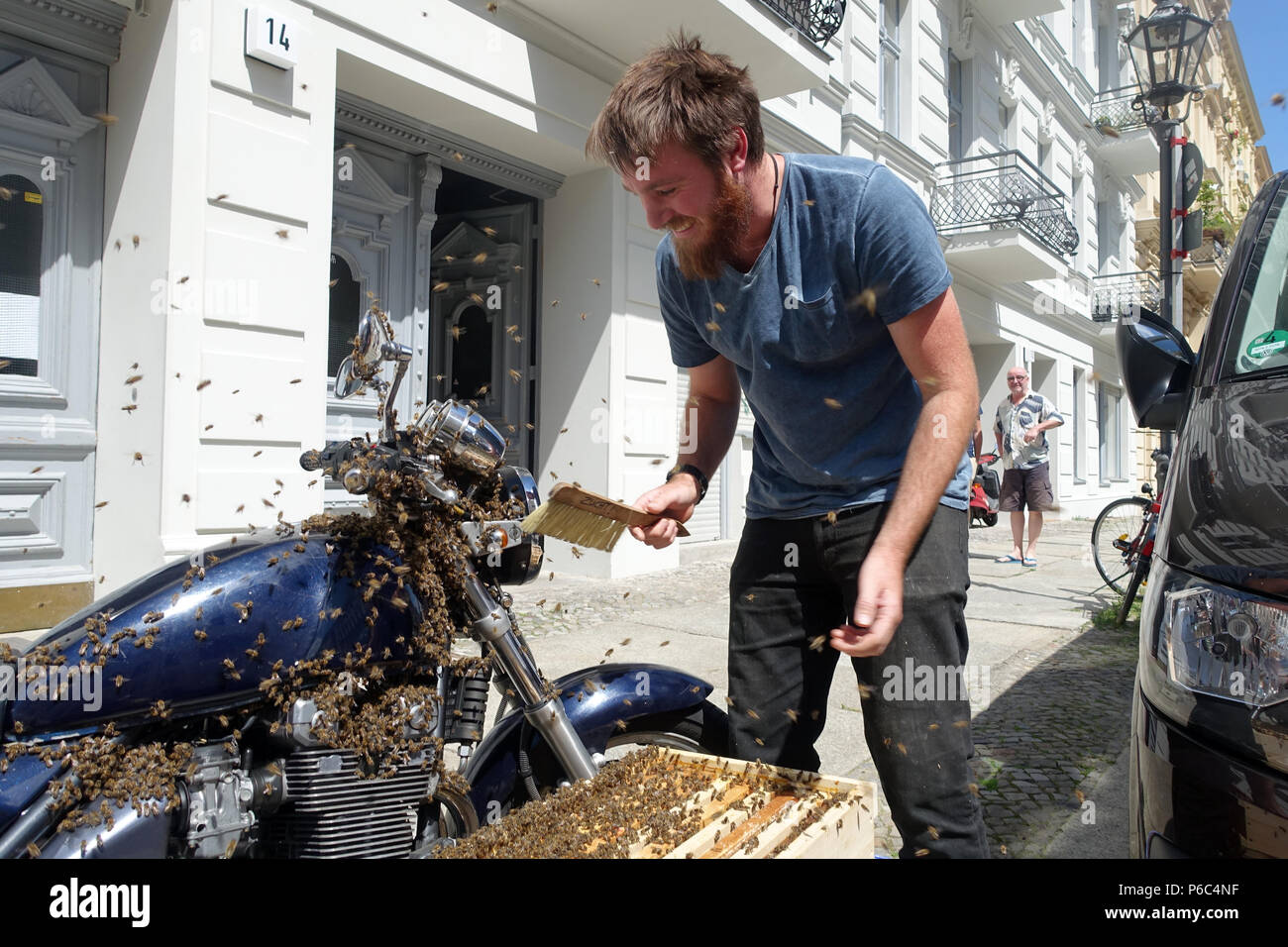 Berlin Kreuzberg, un essaim d'abeilles s'est assis sur une moto et il est pris Banque D'Images