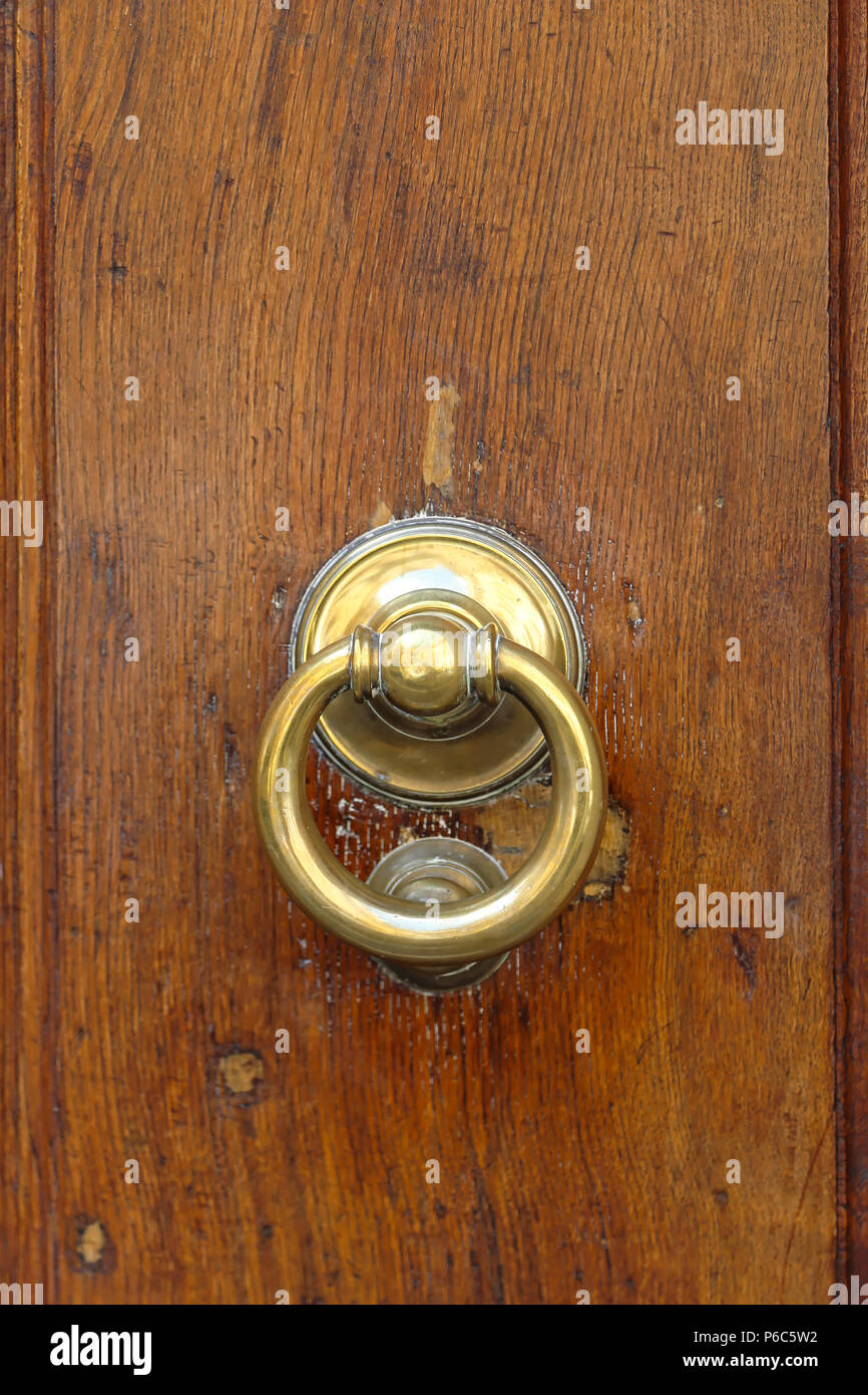 Vintage golden knocker à porte de bois Banque D'Images