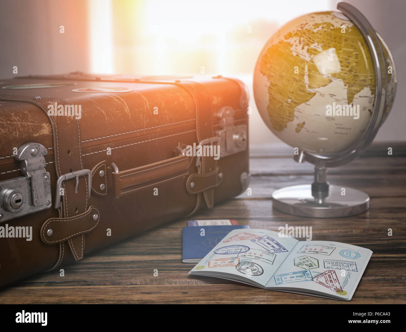 Tourisme Voyage ou concept. Vieille valise avec passeport avec visa stamps et globe. 3d illustration Banque D'Images