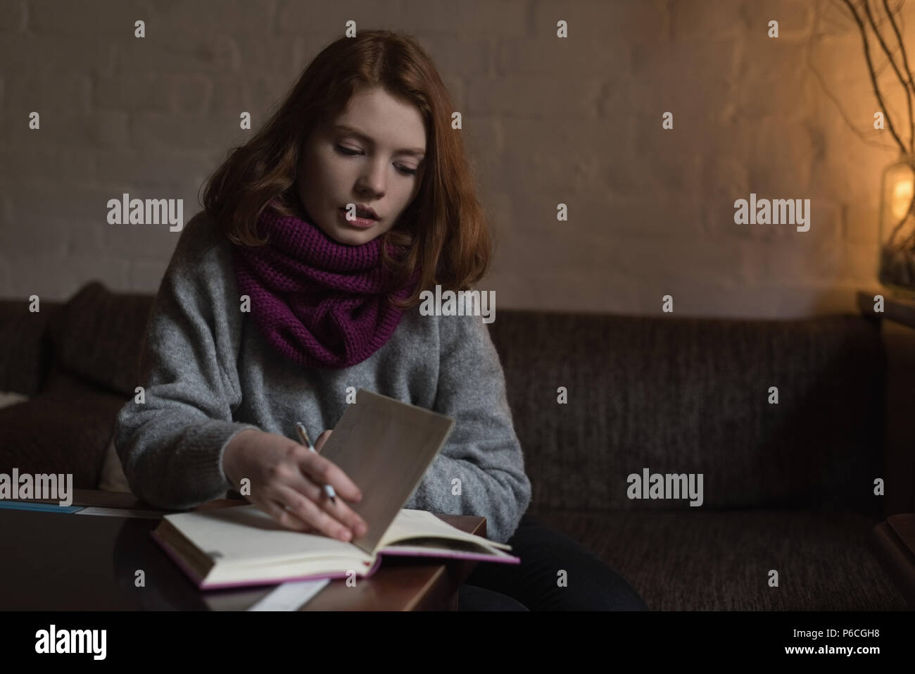 Femme écrit note sur l'agenda dans la salle de séjour Banque D'Images