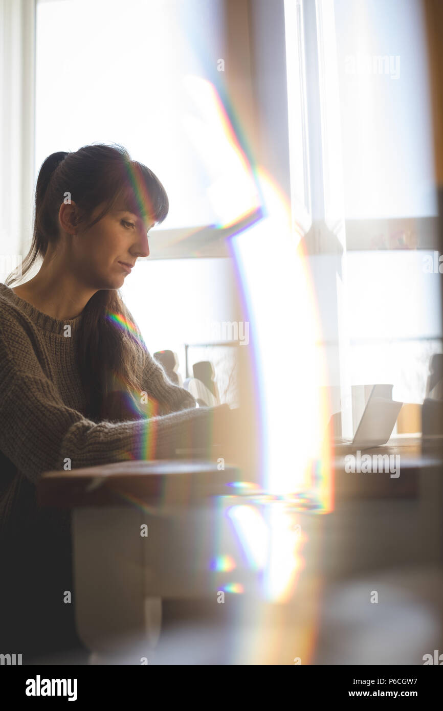 Woman using laptop at home Banque D'Images