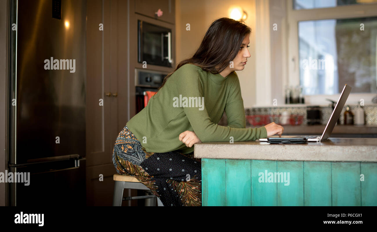 Woman using laptop at home Banque D'Images
