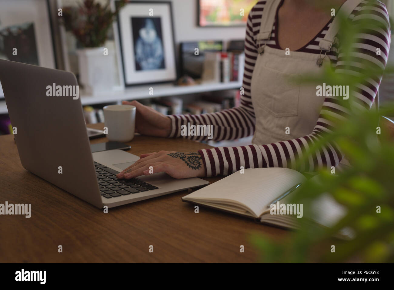 Woman using laptop at home Banque D'Images