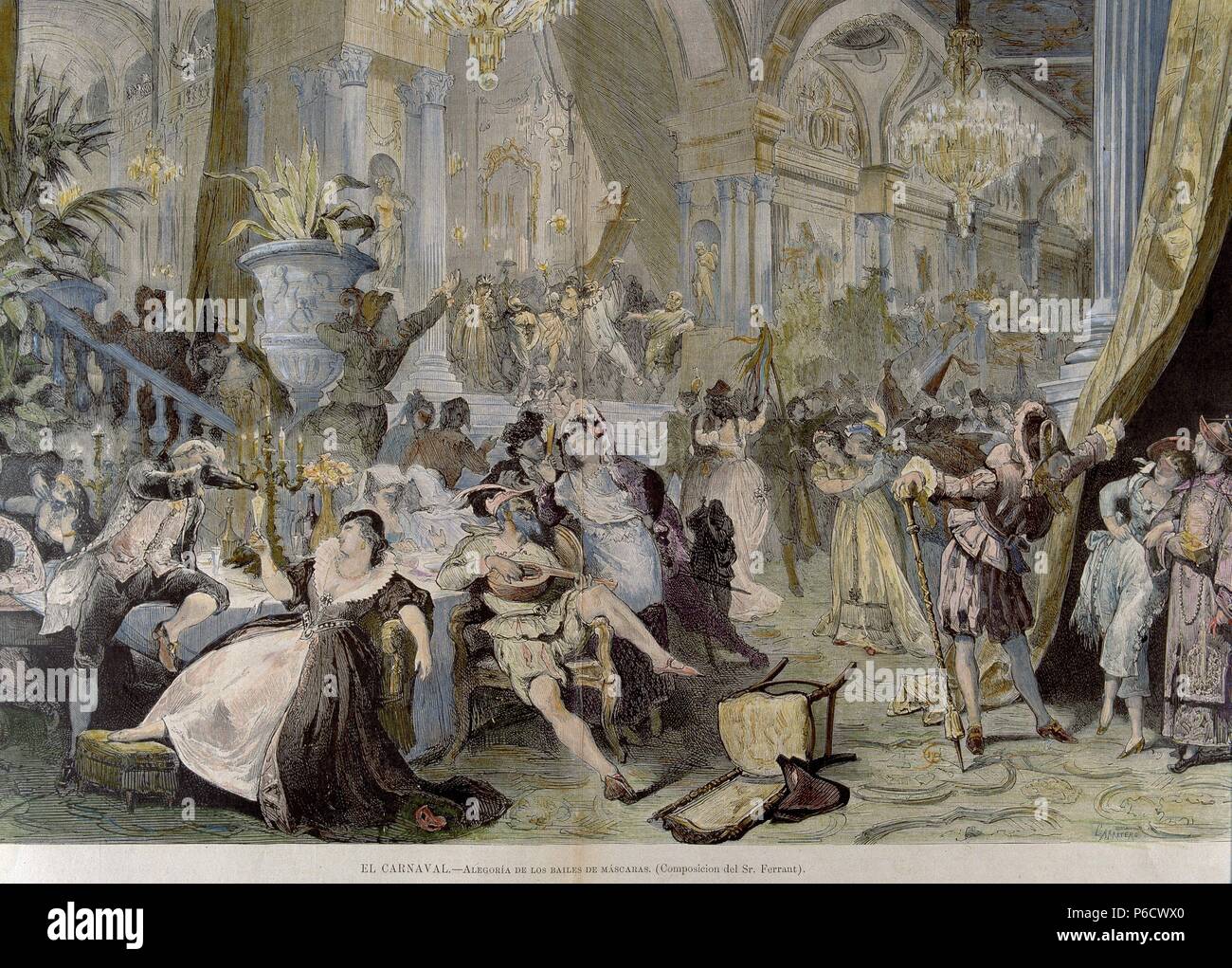 FERRANT, ALEJANDRO PINTOR¿ESPA OL. "ALEGORIA 1843-1917 MADRID DE LOS BAILES DE LAS MASCARAS'. La GRAVURE DE LA ILUSTRACION¿ESPA OLA Y AMERICANA. Banque D'Images