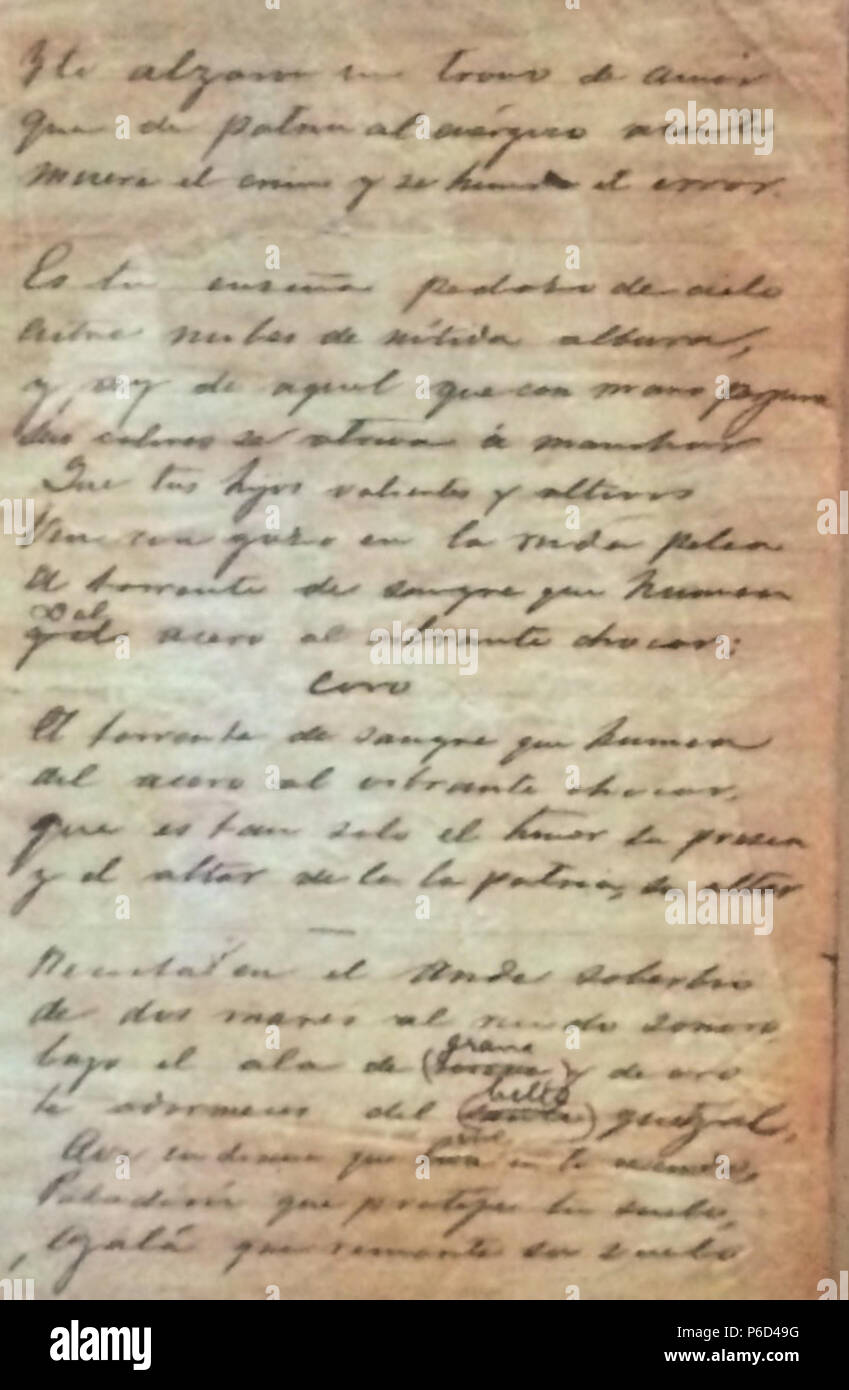 Español : Facsimil con la letra original de J.J. Palma con estrofas del Himno Nacional, escrito en 1897. Museo de Historia Nacional de Guatemala. 19 juin 2014, 20:03:10 53 Himnoguate Banque D'Images