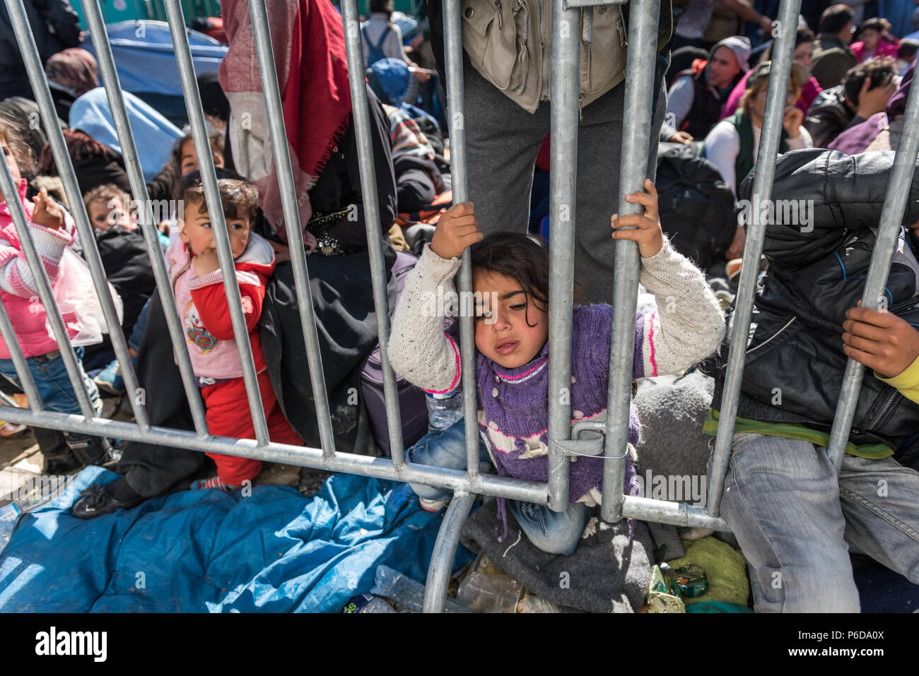 Les enfants derrière les garde-corps près de la porte pendant qu'ils attendent pour traverser la frontière au camp de réfugiés de fortune de l'Greek-Macedonian frontière près de la Gree Banque D'Images