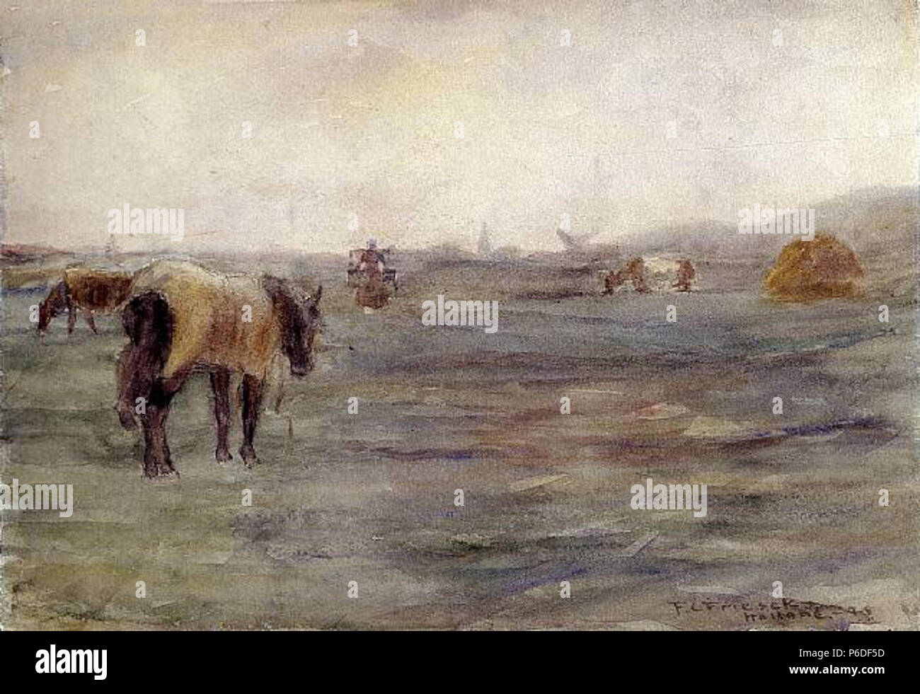 English : Cheval dans un champ aquarelle Hauteur : 25,4 cm (10 in) ; Largeur : 35,6 cm (14 in). 189944 Frederick Carl Frieseke, 1899 - Cheval dans un champ Banque D'Images