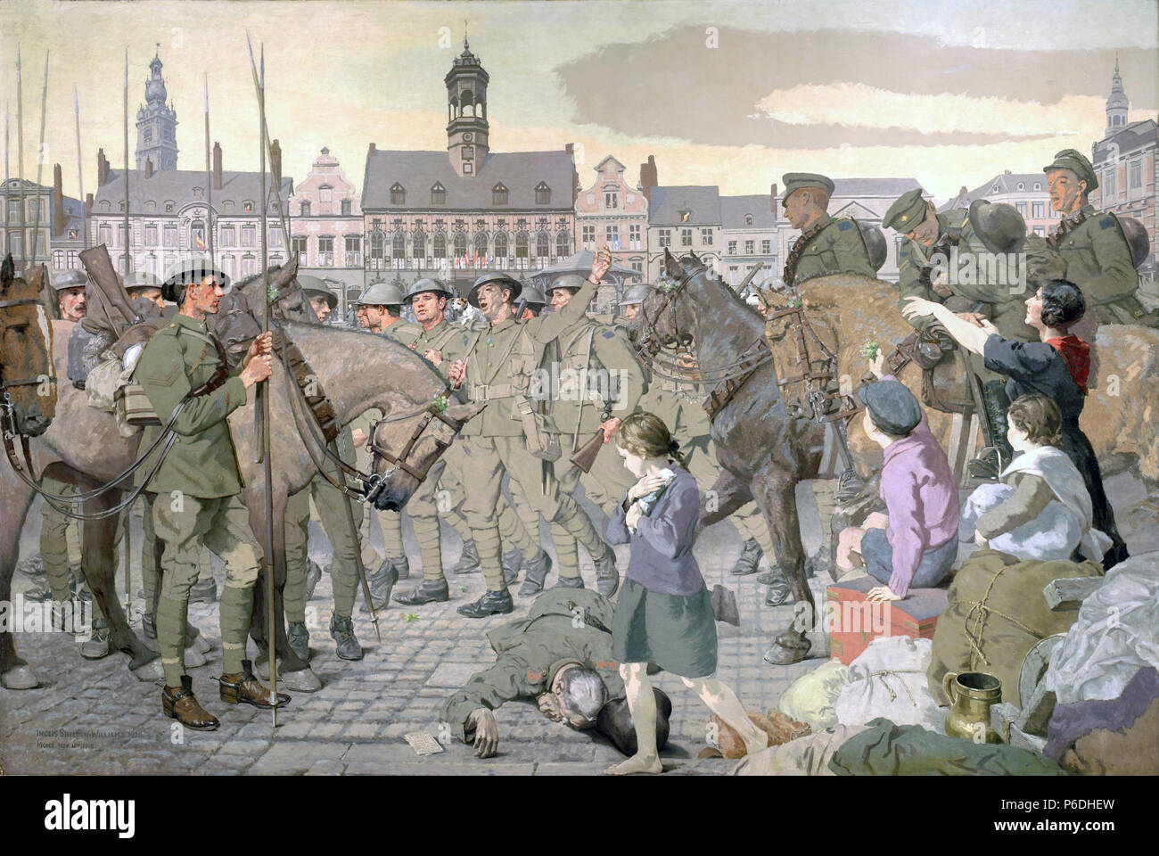 . Le retour à Mons . Anglais : Peint par Inglis Sheldon-Williams en 1920. Mons, Belgique, a été le site de la première bataille livrée par l'armée britannique dans la Première Guerre mondiale. Les Britanniques ont dû battre en retraite et la ville a été occupée par les forces allemandes. Le Canadian Corps libéra la ville au cours des derniers jours de la guerre. Dans l'arrière-plan de ce tableau, la structure gothique de l'hôtel de ville et grand'place de Mons sont clairement indiqués. Cette peinture permet de civils belges et les troupes canadiennes à célébrer dans la place de la ville de Mons, un court instant après la libération de la ville. Les morts ge Banque D'Images