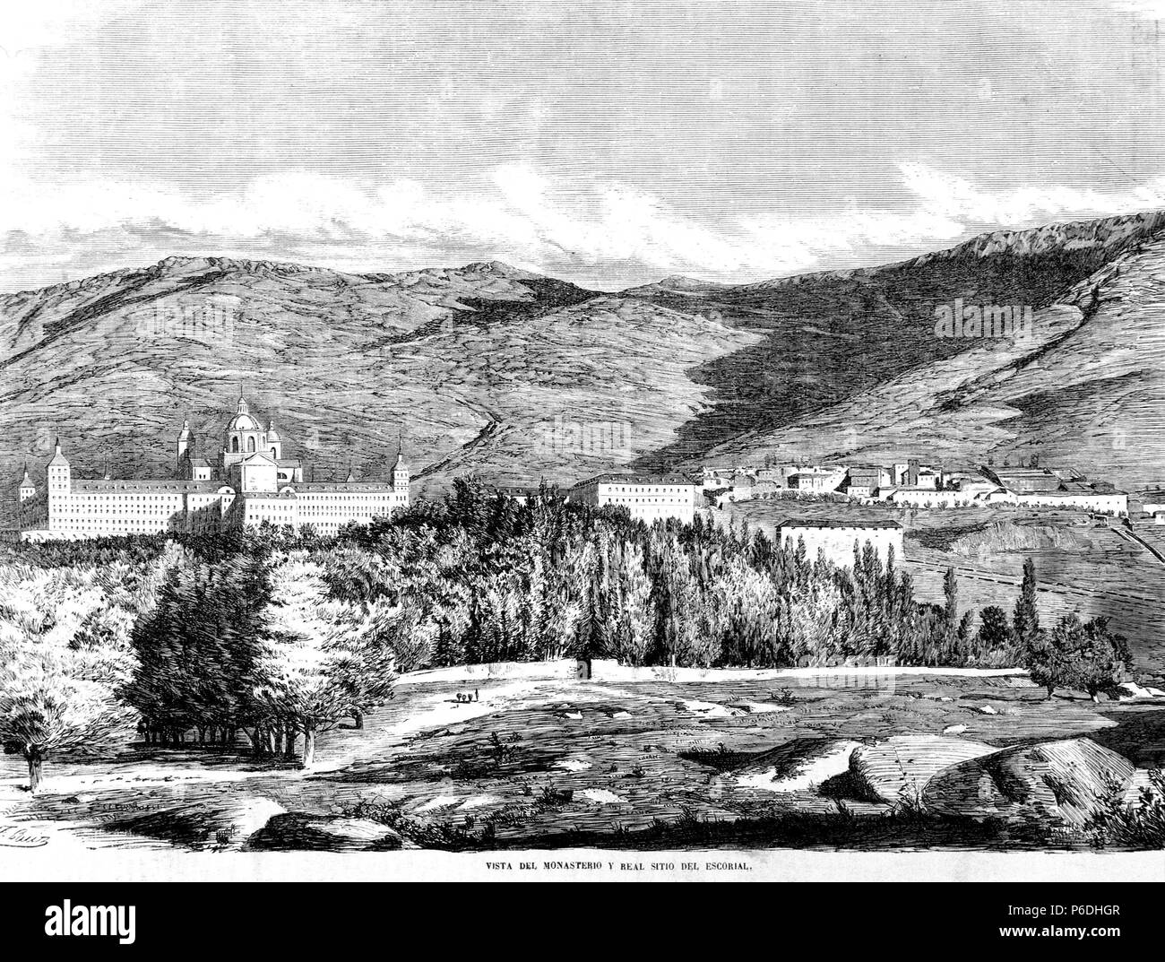 MADRID. SAN LORENZO DEL ESCORIAL. VISTA DEL REAL Monasterio de San Lorenzo del Escorial. La gravure du musée universel , 1859. Banque D'Images