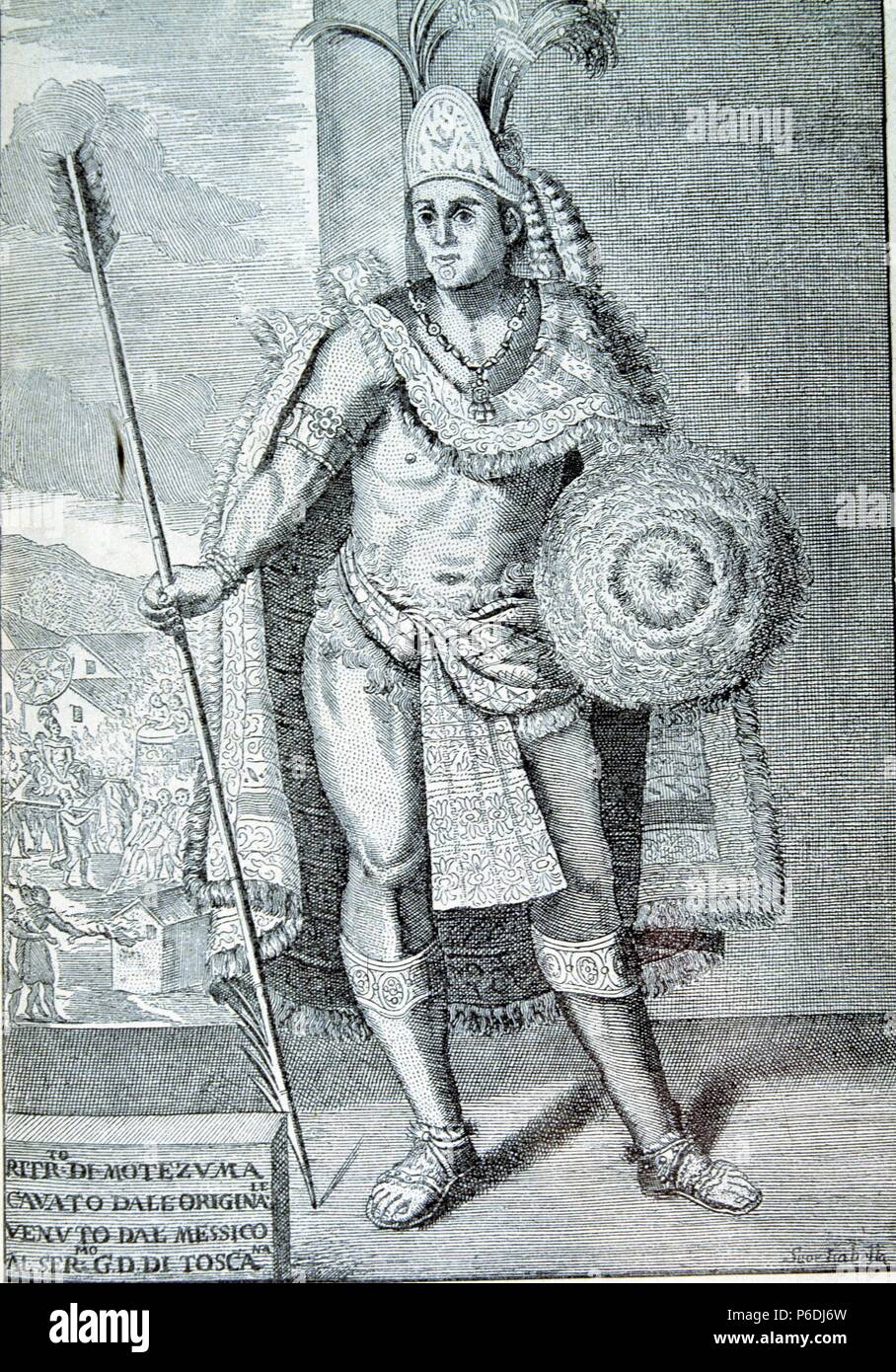 MOCTEZUMA I. EMPERADOR AZTECA ENTRE 1440-1469. La GRAVURE DE ' HISTORIA DE LA CONQUISTA DEL PERU' DE ANTONIO SOLIS. BIBLIOTECA NACIONAL. MADRID. Banque D'Images