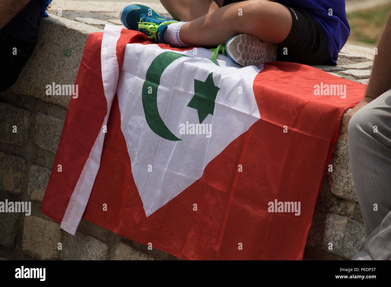 Madrid, Espagne. 29 Juin, 2018. Drapeau Rifan pendant la manifestation. Protestation contre une peine de 20 ans de prison pour les dirigeants rifan au Maroc. L'Rifans ont lutté contre le colonialisme français et espagnol, et quand vint l'indépendance, la monarchie alaouite a exclu les Rifans de l'administration, la santé, l'éducation et le travail. Credit : SOPA/Alamy Images Limited Live News Banque D'Images