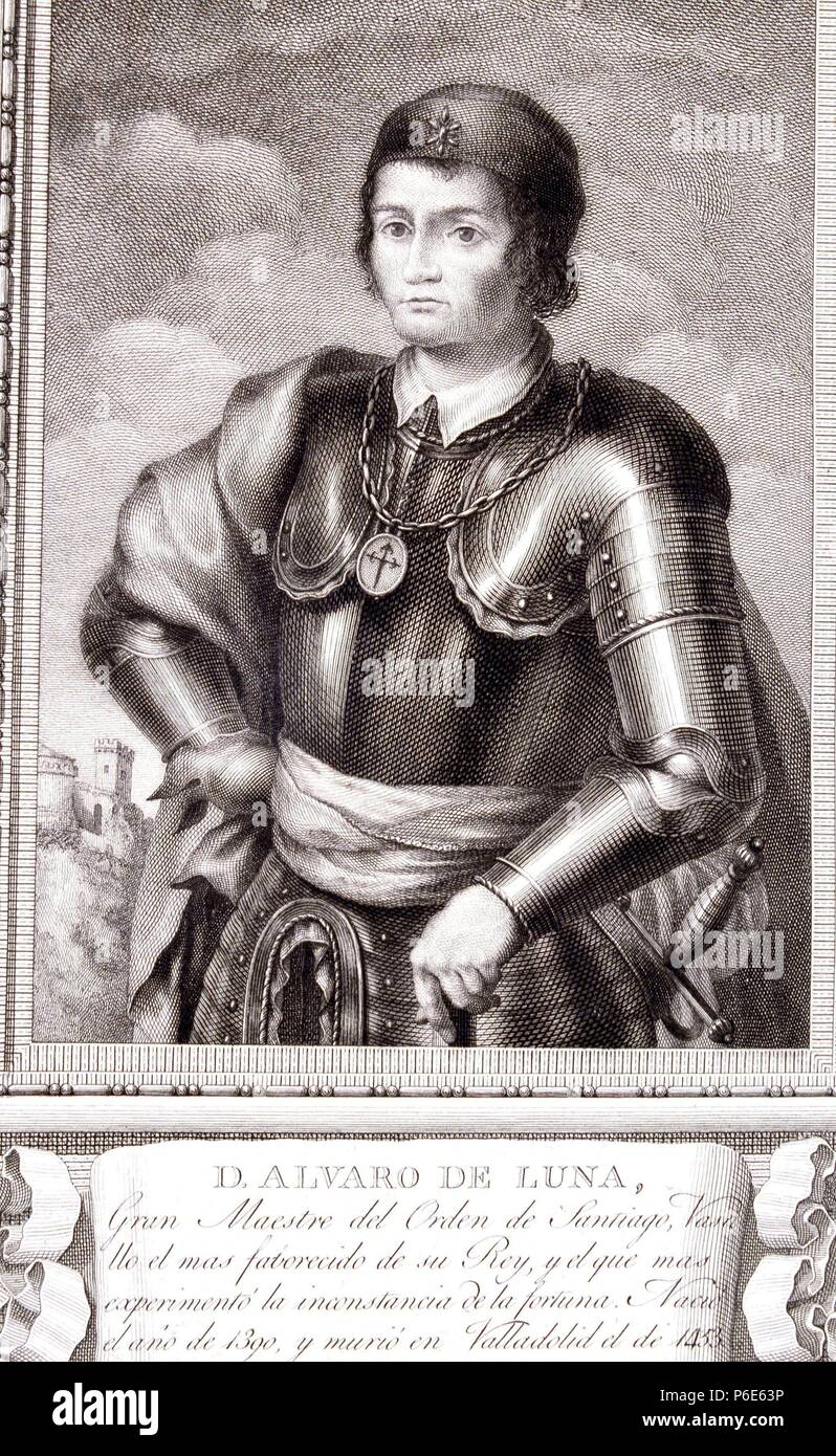 ALVARO DE LUNA ( 1390 - 1453 ). CONDESTABLE DE CASTILLA , FAVORITO DE JUAN II. Gravure RETRATO DE LA COLECCION ' VARONES iLUSTRES '. CALCOGRAFIA NACIONAL. MADRID. Banque D'Images