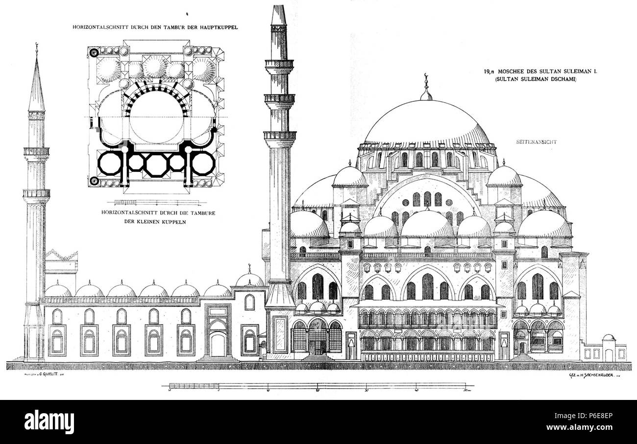 Anglais : élévation et plan de la Mosquée de Suleymaniye, Istanbul . 1912 75 Mosquée de Suleymaniye nettoyés Gurlitt 1912 Banque D'Images