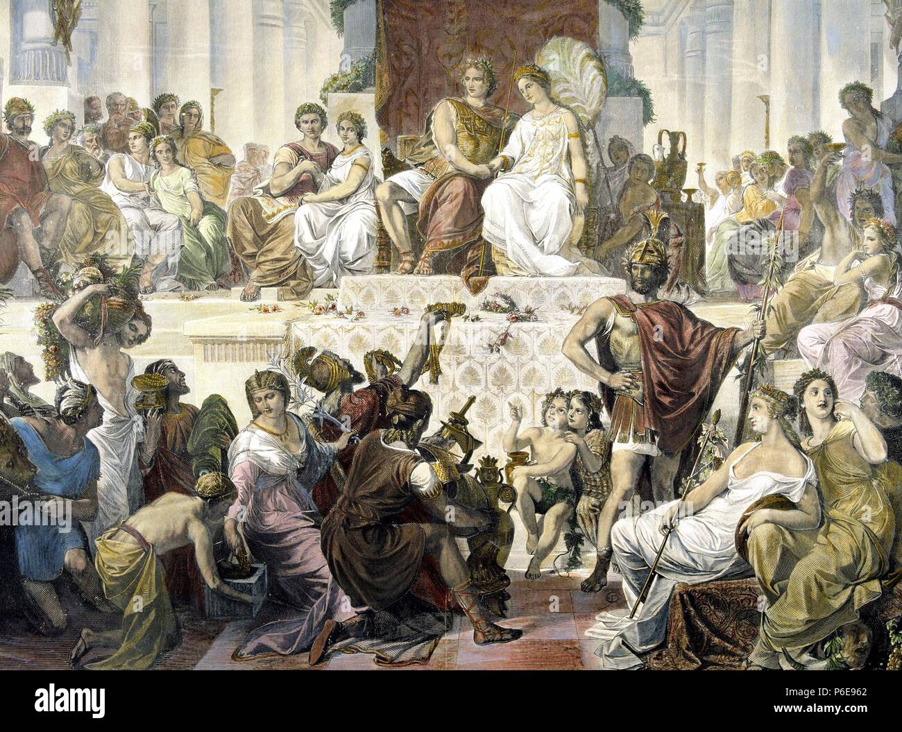 MAGNO , ALEJANDRO. REY DE MACÉDOINE 336 - 323 AC. ' BODA EN SUSA '. Gravure COLOREADO DE LA ILUSTRACION ESPAÑOLA Y AMERICANA. Banque D'Images