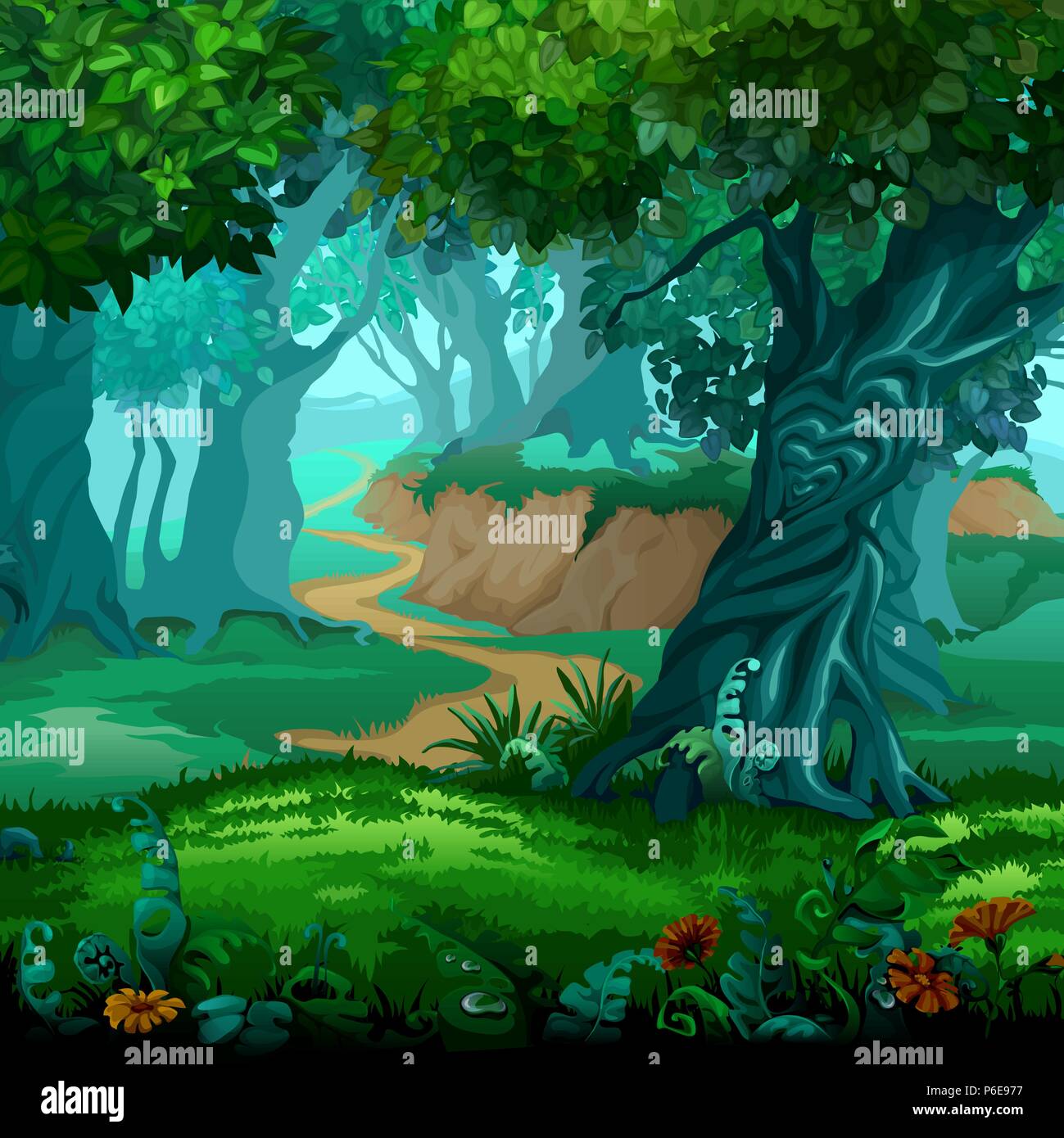 Forêt de la magie. Déménagement d'arbres. Cartoon Vector illustration close-up. Illustration de Vecteur