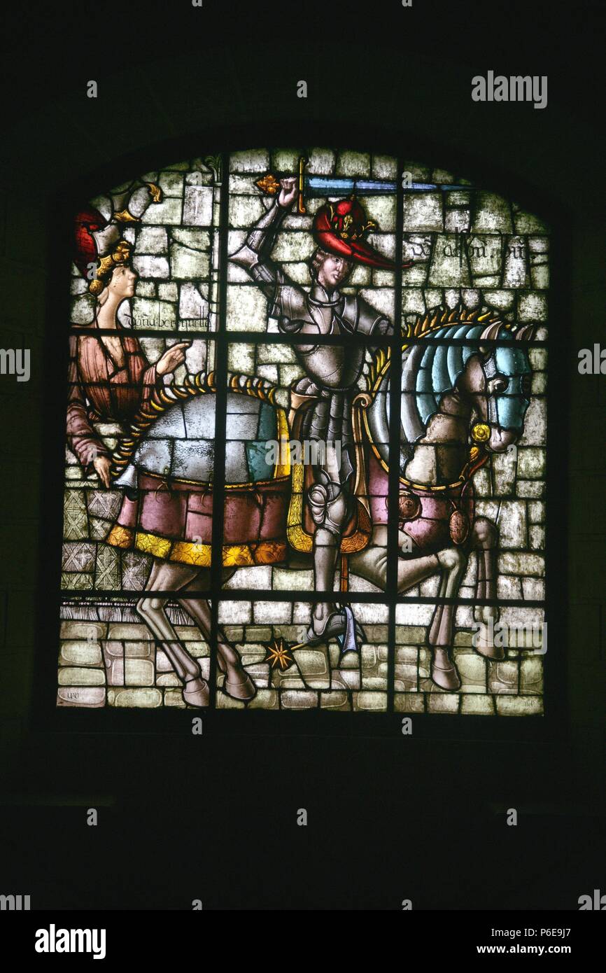 ALFONSO VIII ( 1155-1214 ). REY DE CASTILLA. VIDRIERA CON EL REY Y SU HIJA DOÑA BERENGUELA ( 11712 - 1244 ). VIDRIERA DEL ALCAZAR DE SÉGOVIE. Banque D'Images