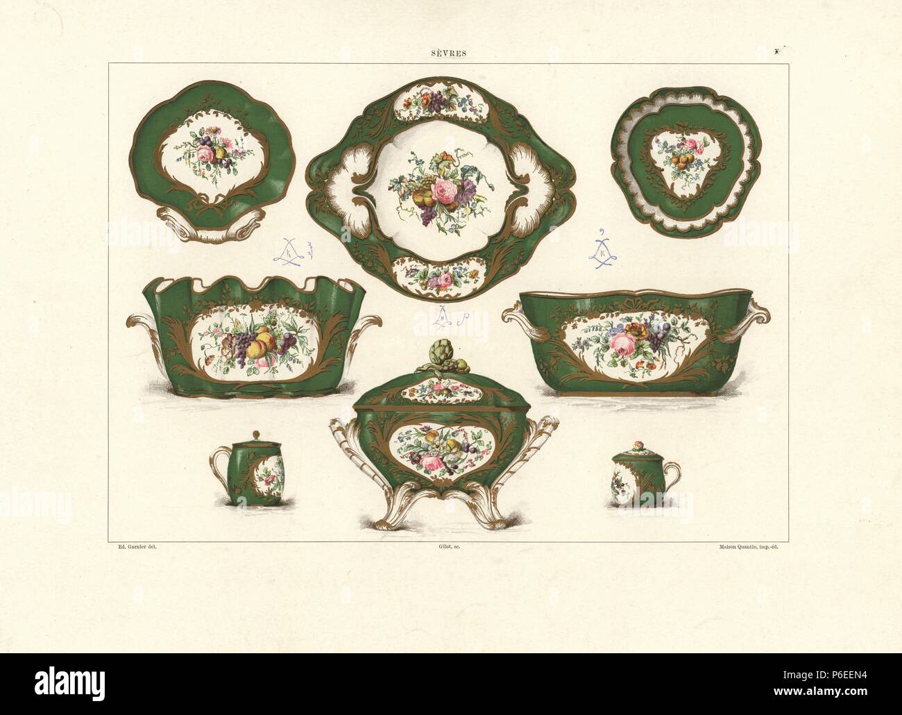 Service de vaisselle assiettes, tasses, bols et soupières avec couvercles administré par le Baron Alphonse de Rothschild avec fleurs peintes par Dubois, Parpette Merault, Jr., 1760. Chromolithographie par Gillot d'une illustration par Edouard Garnier de la pâte tendre de la porcelaine de Sèvres, Maison Quantin, Paris, 1891. Banque D'Images