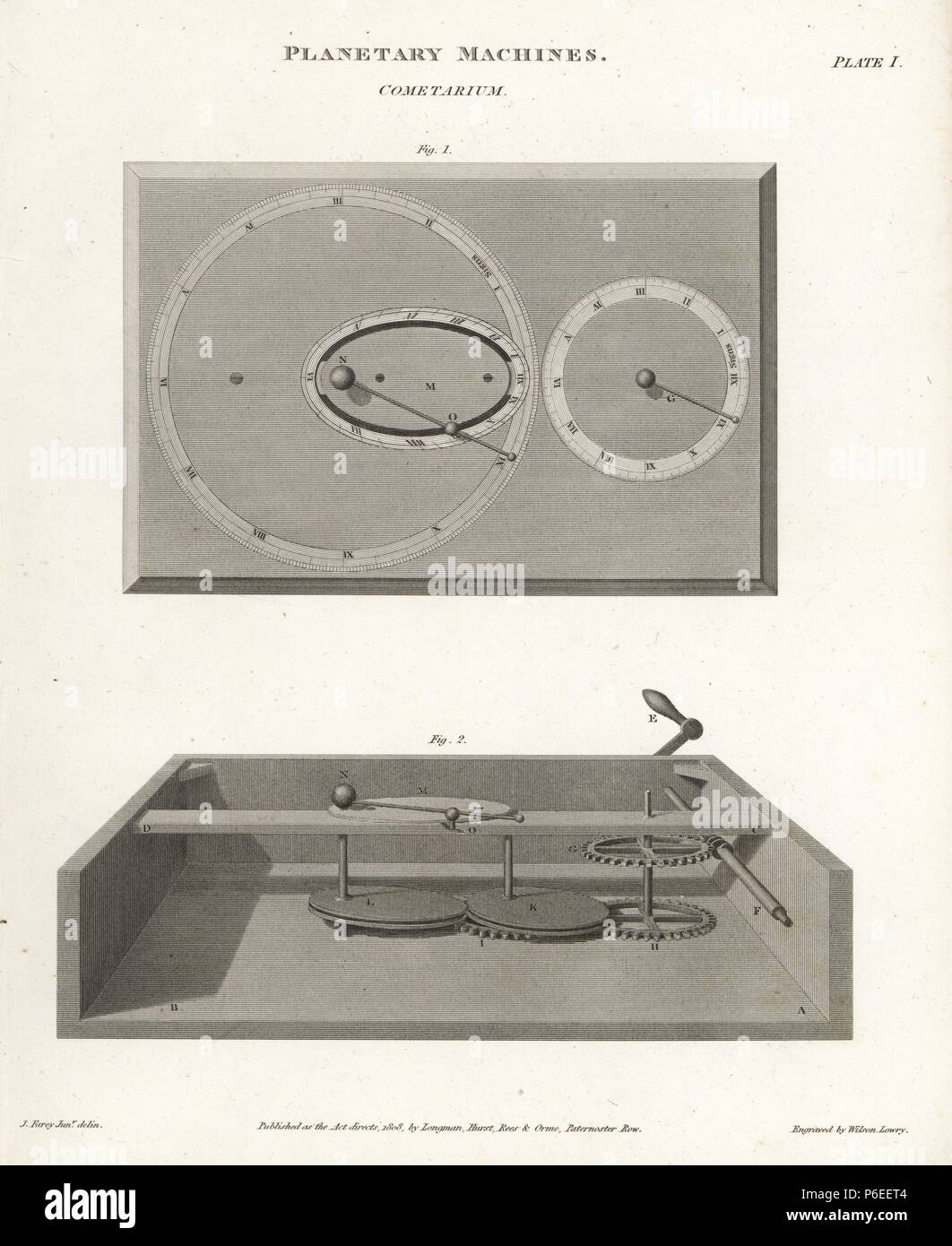 Cometarium, un dispositif mécanique conçu pour illustrer le mouvement d'une comète sur le Soleil. La gravure sur cuivre par Wilson Lowry D'après un dessin de J. Farey Jr. d'Abraham Rees' Cyclopedia ou Dictionnaire Universel des Sciences, des arts et de la littérature, Longman, Hurst, Rees, Orme et Brown, Londres, 1820. Banque D'Images