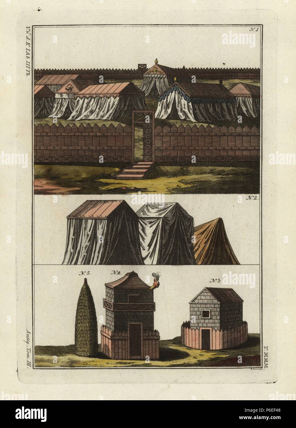 Camp militaire romain avec des tentes, des bâtiments de stockage pour le vin et le blé, et enrichis, entrepôts. La gravure sur cuivre coloriée par Paul Hotel Victoria à partir de Robert von Spalart's 'tableau Historique des costumes des principaux peuples de l'Antiquité et du Moyen Âge,' Chez Collignon, Metz, 1810. Banque D'Images