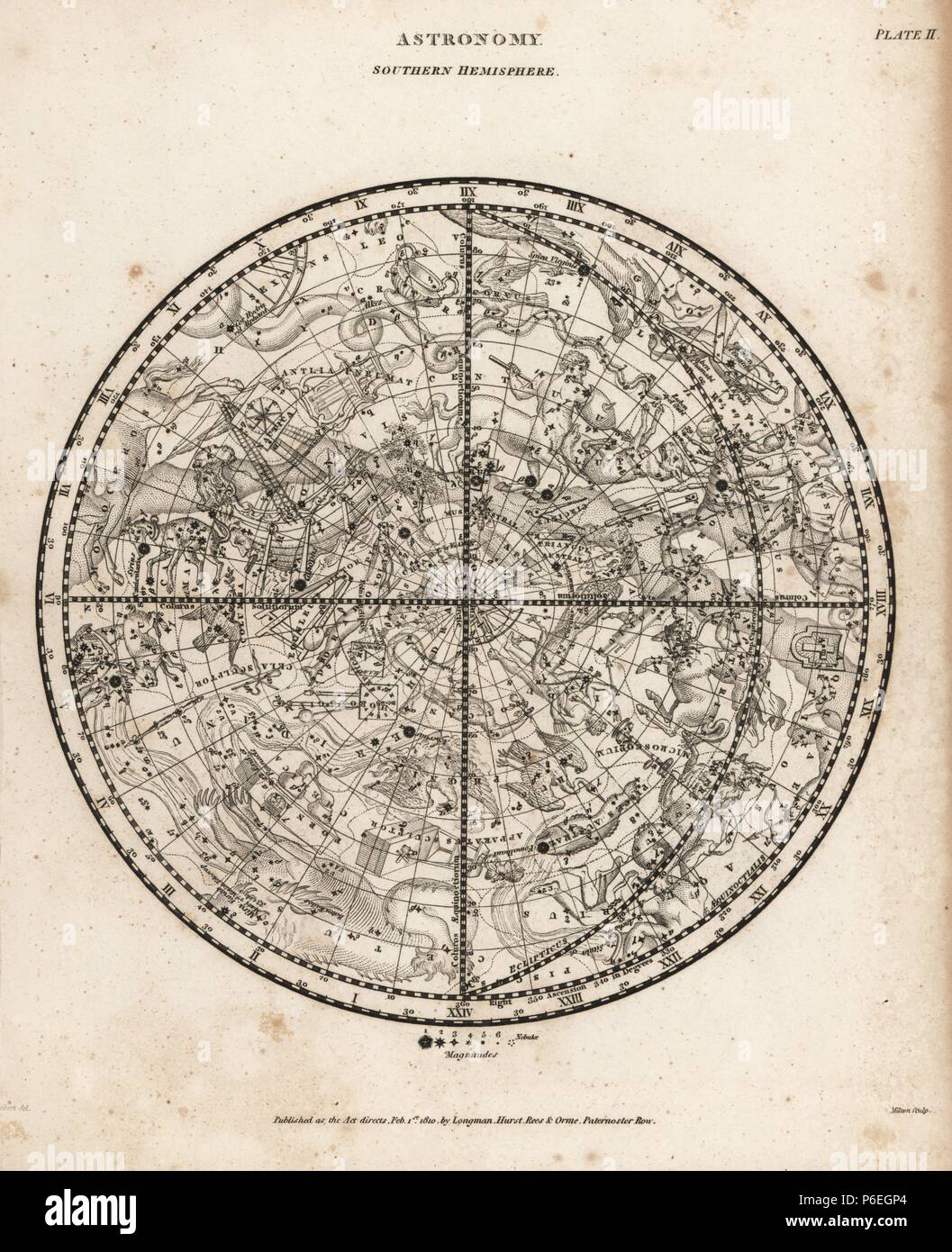 Tableau astronomique de l'hémisphère Sud. La gravure sur cuivre par Milton D'après un dessin de L. Hebert d'Abraham Rees' Cyclopedia ou Dictionnaire Universel des Sciences, des arts et de la littérature, Longman, Hurst, Rees, Orme et Brown, Londres, 1820. Banque D'Images