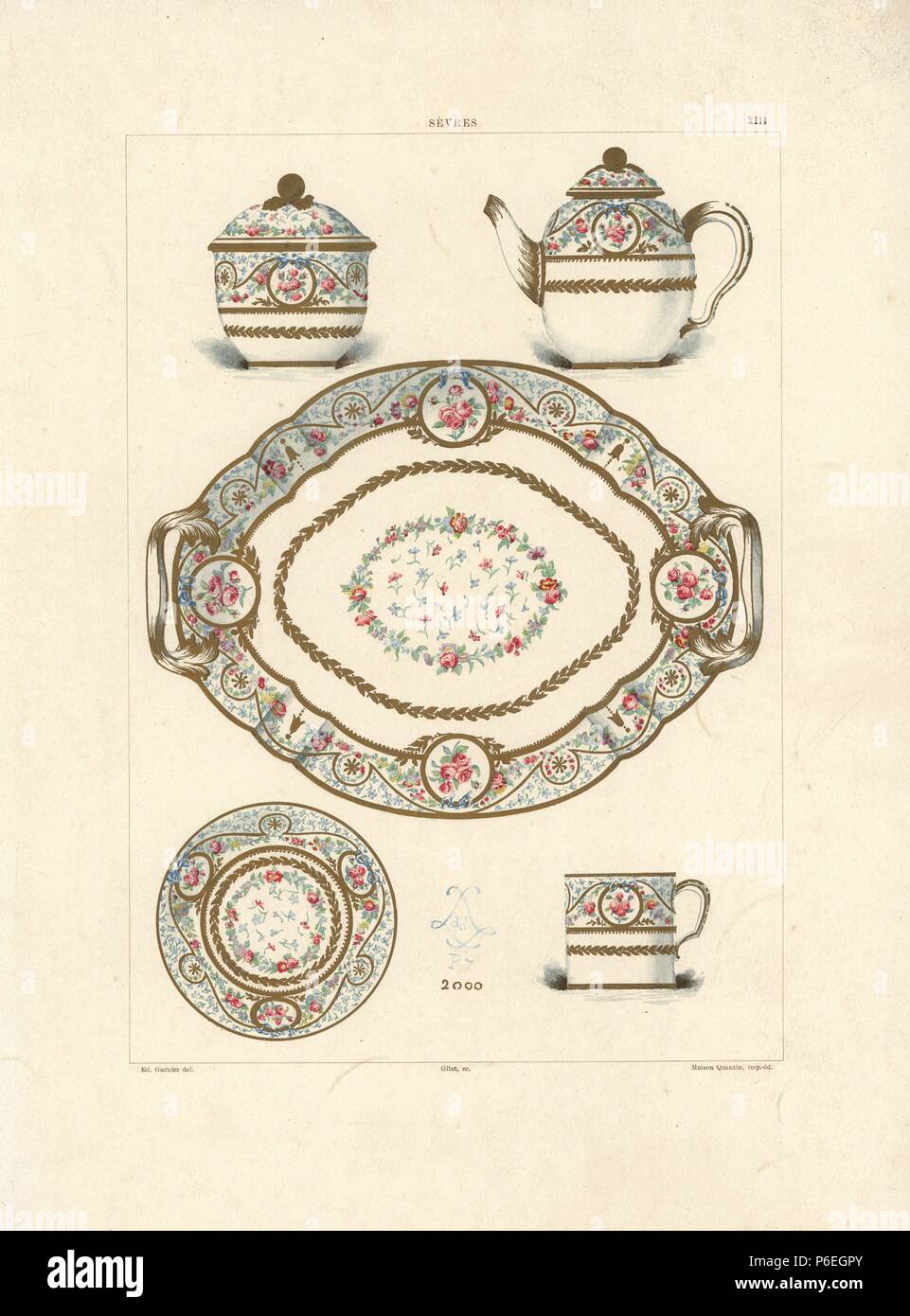 Le service du déjeuner avec une décoration simple appelé solitaire, avec théière, sucrier, assiette, tasse et soucoupe, peint par Pithou Jr., 1779. Chromolithographie par Gillot d'une illustration par Edouard Garnier de la pâte tendre de la porcelaine de Sèvres, Maison Quantin, Paris, 1891. Banque D'Images