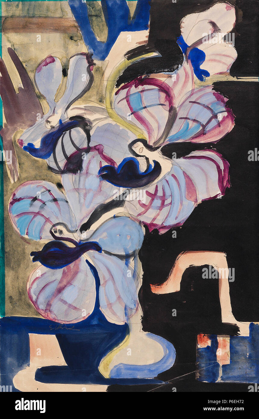 Deutsch : Stillleben mit (Traumwesen Tanzende Monochapelle). Wohl um 1927/28. Aquarell über Bleistift. Unten Links in der Darstellung signiert. Auf chamoisfarbenem leichtem, Velin. 42,7 x 28,5 cm . Entre 1927 et 1928 42 Ernst Ludwig Kirchner Stillleben mit (Traumwesen Tanzende Monochapelle) Banque D'Images