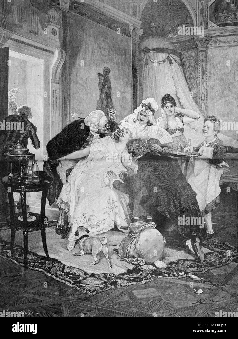 . Die Gartenlaube. Deutsch : Doppelseitige Illustration aus der Illustrierten Die Gartenlaube von 1895, Seite 24 und 25. Es handelt sich um eine von Gemäldes Nachzeichnung von Franz Xaver Simm oder als Stich Schnitt. Das Bild zeigt einen Zahnarzt (dentiste), eine der sitzende Frau hohen Standes mit dem Inhalt eines kleinen Fläschchens zu betäuben sucht. Der Ehemann kniet vor senneur entsetzt auf den Zahnarzt blickenden Frau und hält ihren bras. Die Gruppe ist von insgesamt vier Familienangehörigen Angestellten und umgeben, der Mutter, mit einem Jungen (Sœur und der Gehilfe möglicherweise Banque D'Images