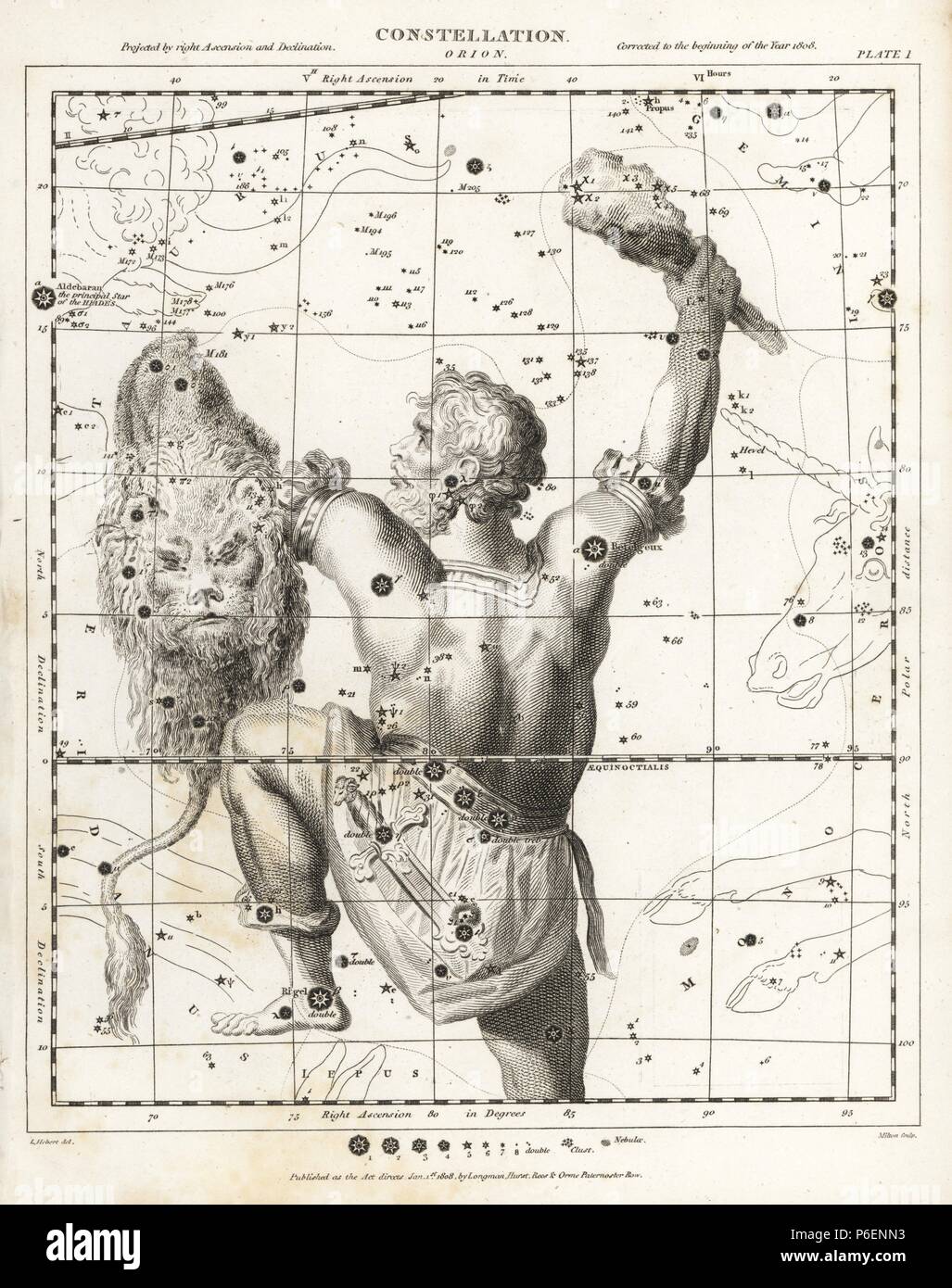 Tableau astronomique de la constellation d'Orion. La gravure sur cuivre par Milton D'après un dessin de L. Hebert d'Abraham Rees' Cyclopedia ou Dictionnaire Universel des Sciences, des arts et de la littérature, Longman, Hurst, Rees, Orme et Brown, Londres, 1820. Banque D'Images